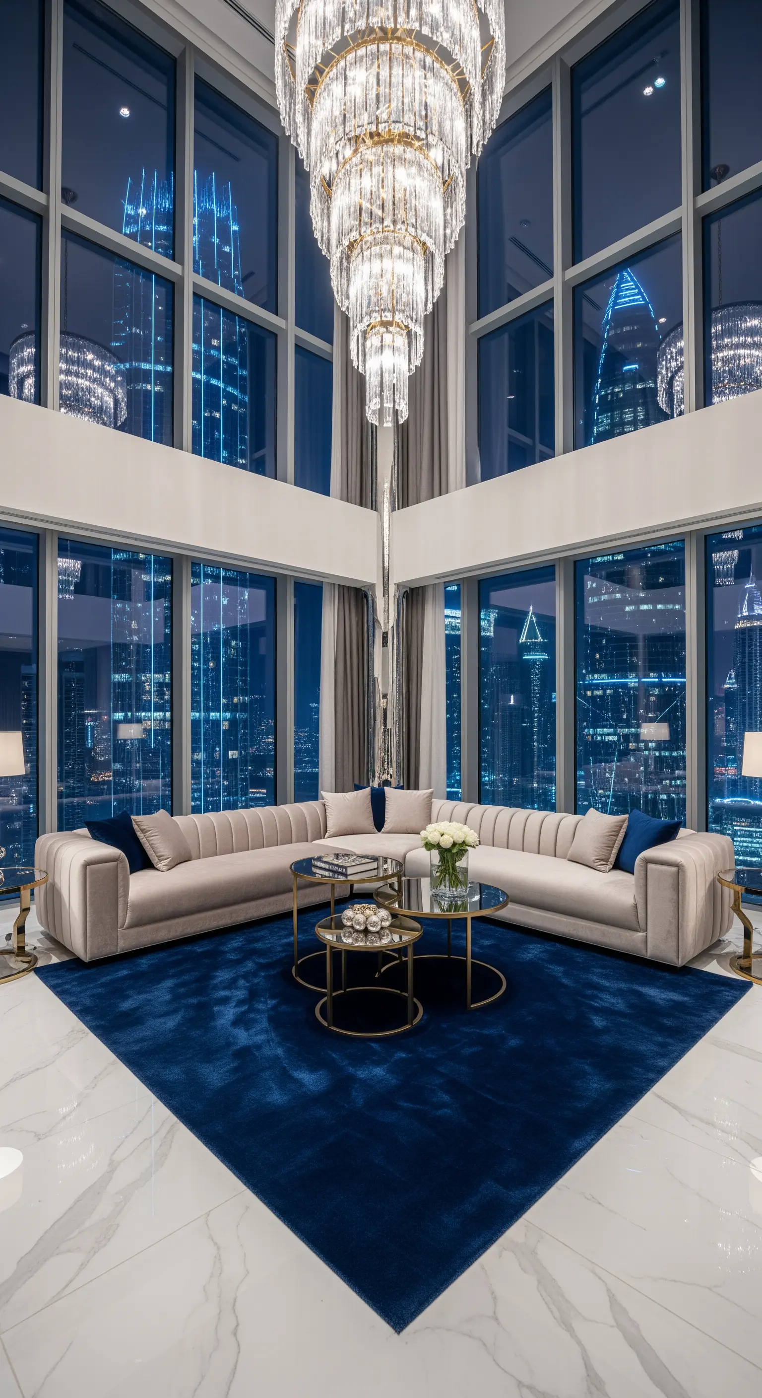 Luxuriöses Wohnzimmer mit riesigem Kristall-Kronleuchter und blauer Samt-Sitzgruppe