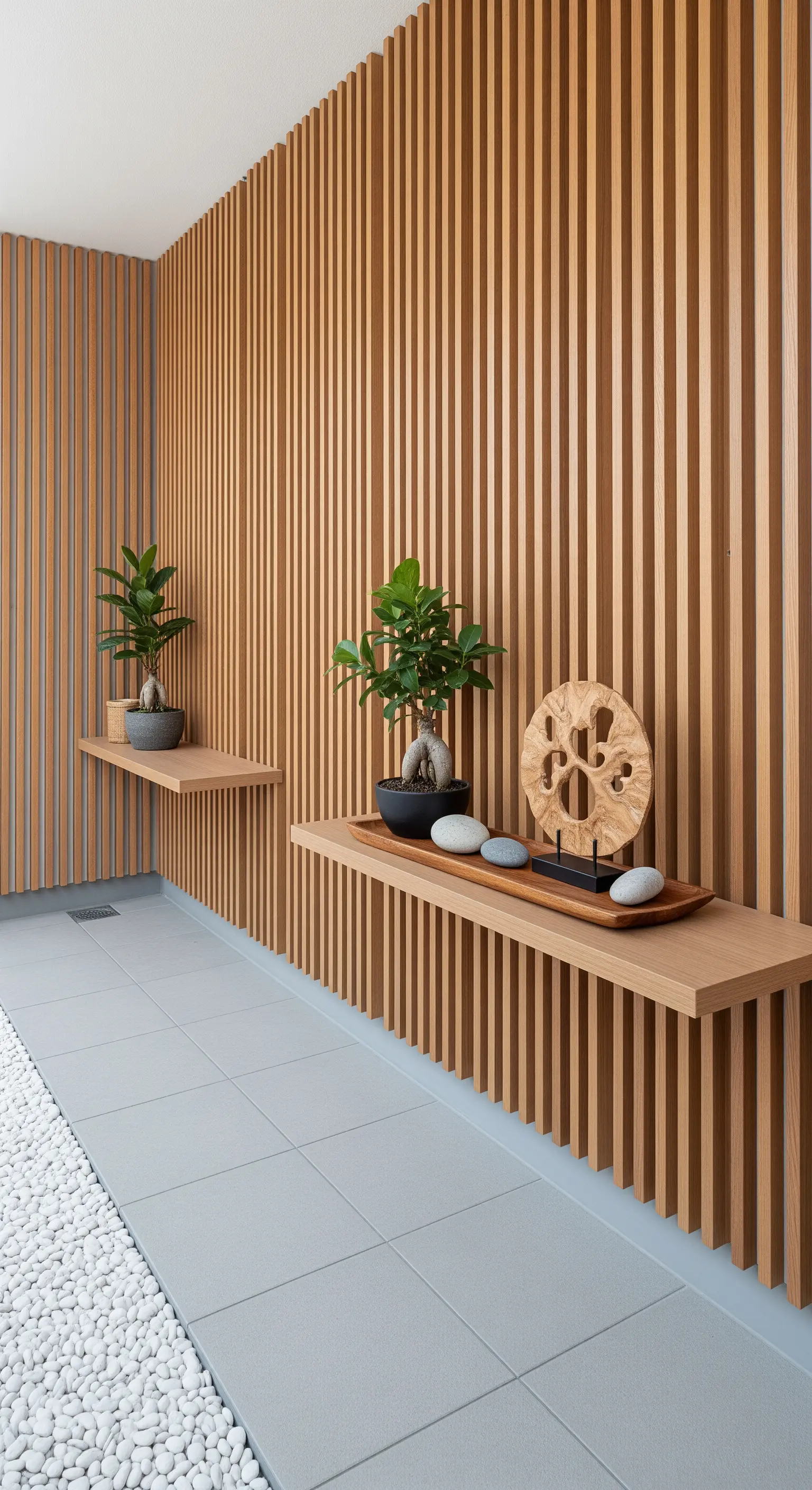 Holzlamellenwand mit schwebenden Regalen, Bonsais und dekorativen Steinen