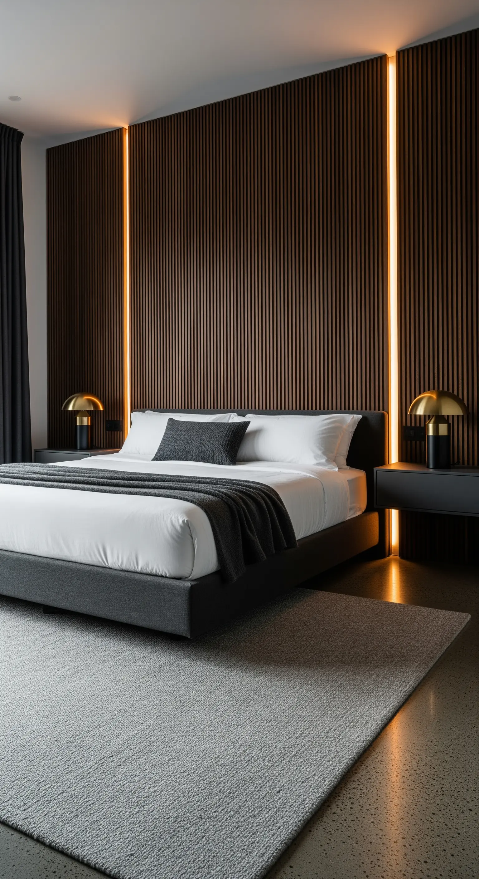 Dunkle Holzlamellen-Wand mit vertikaler LED-Beleuchtung im modernen Schlafzimmer.