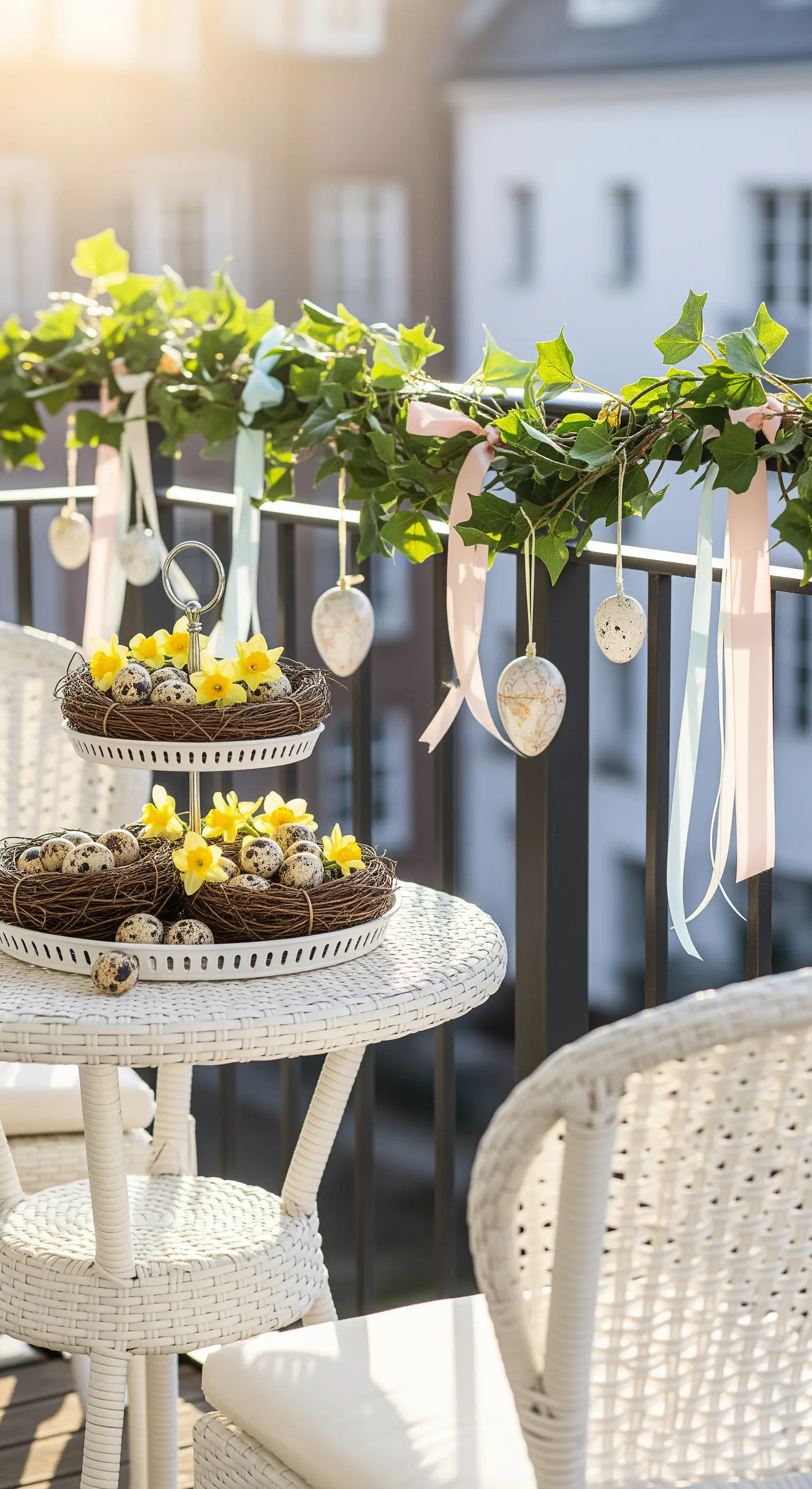Charmante Etagere mit Wachteleiern und Narzissen auf einem Balkon im Sonnenlicht