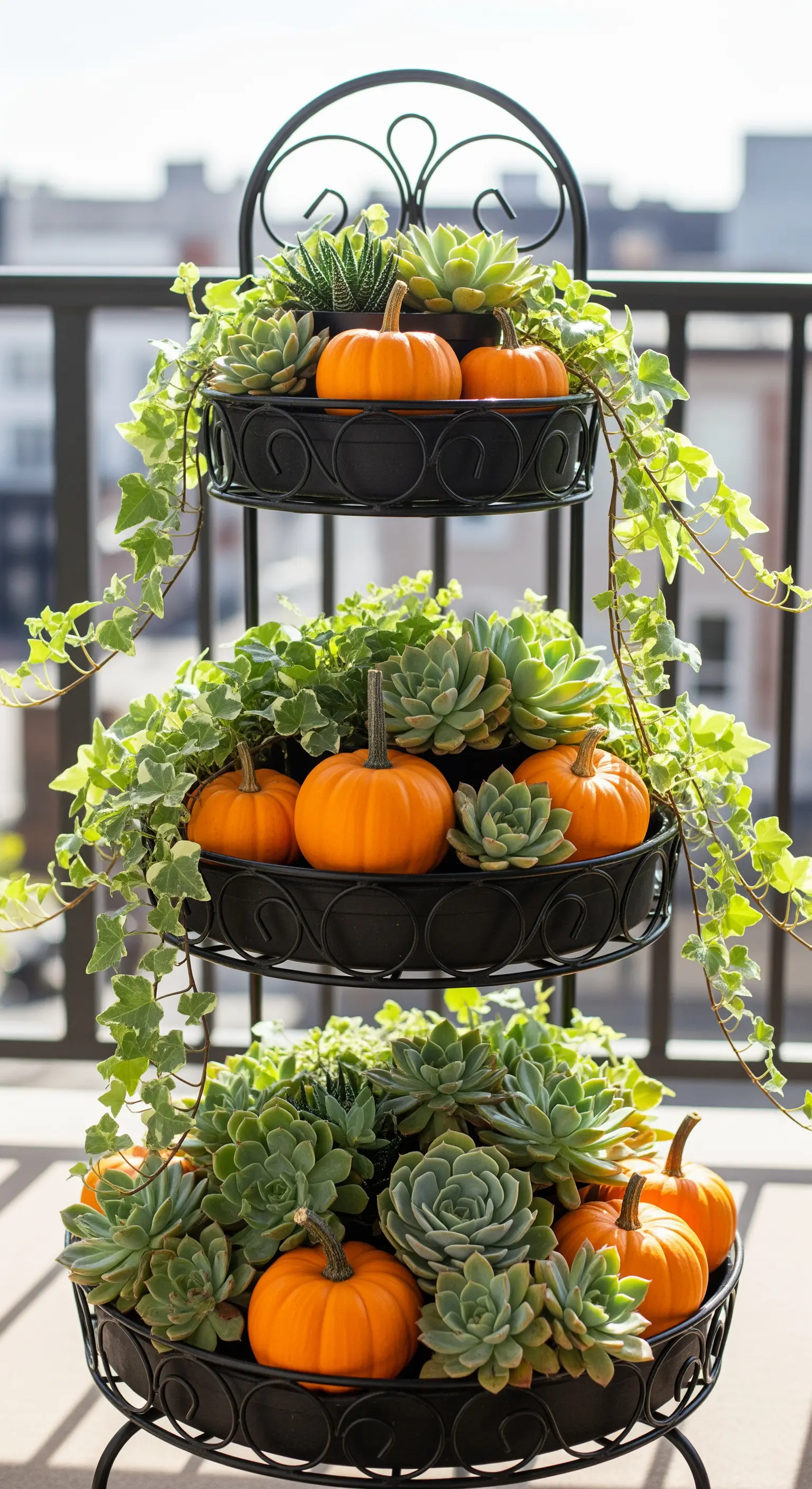 Etagere mit Sukkulenten, Efeu und orangefarbenen Mini-Kürbissen