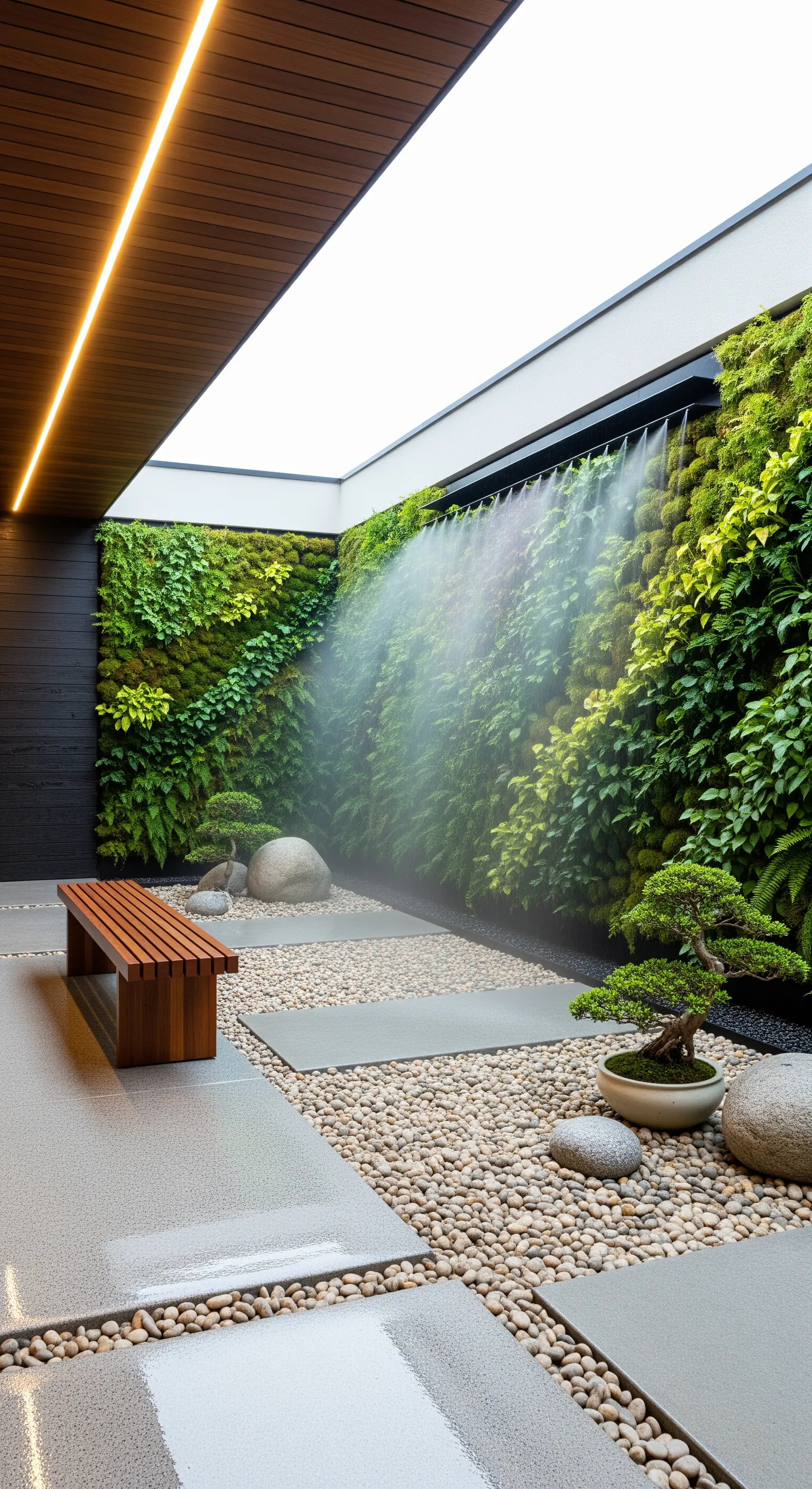 Vertikale Gartenwand mit Nebelsystem, Bonsai und Kieselsteinen