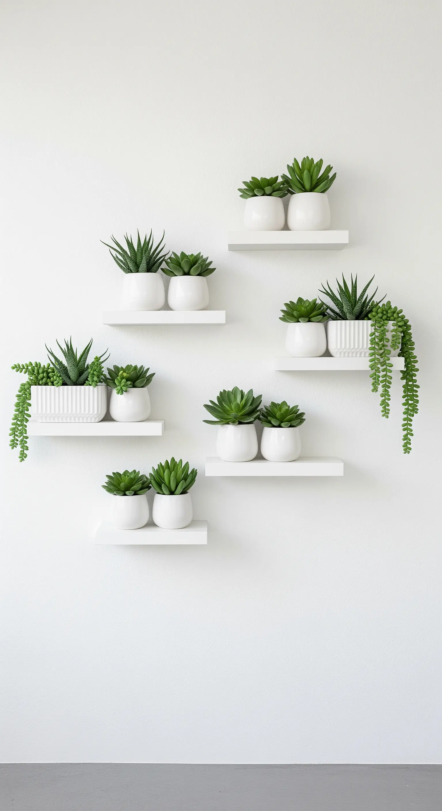 Weiße Wandregale mit kleinen Sukkulenten in weißen Töpfen