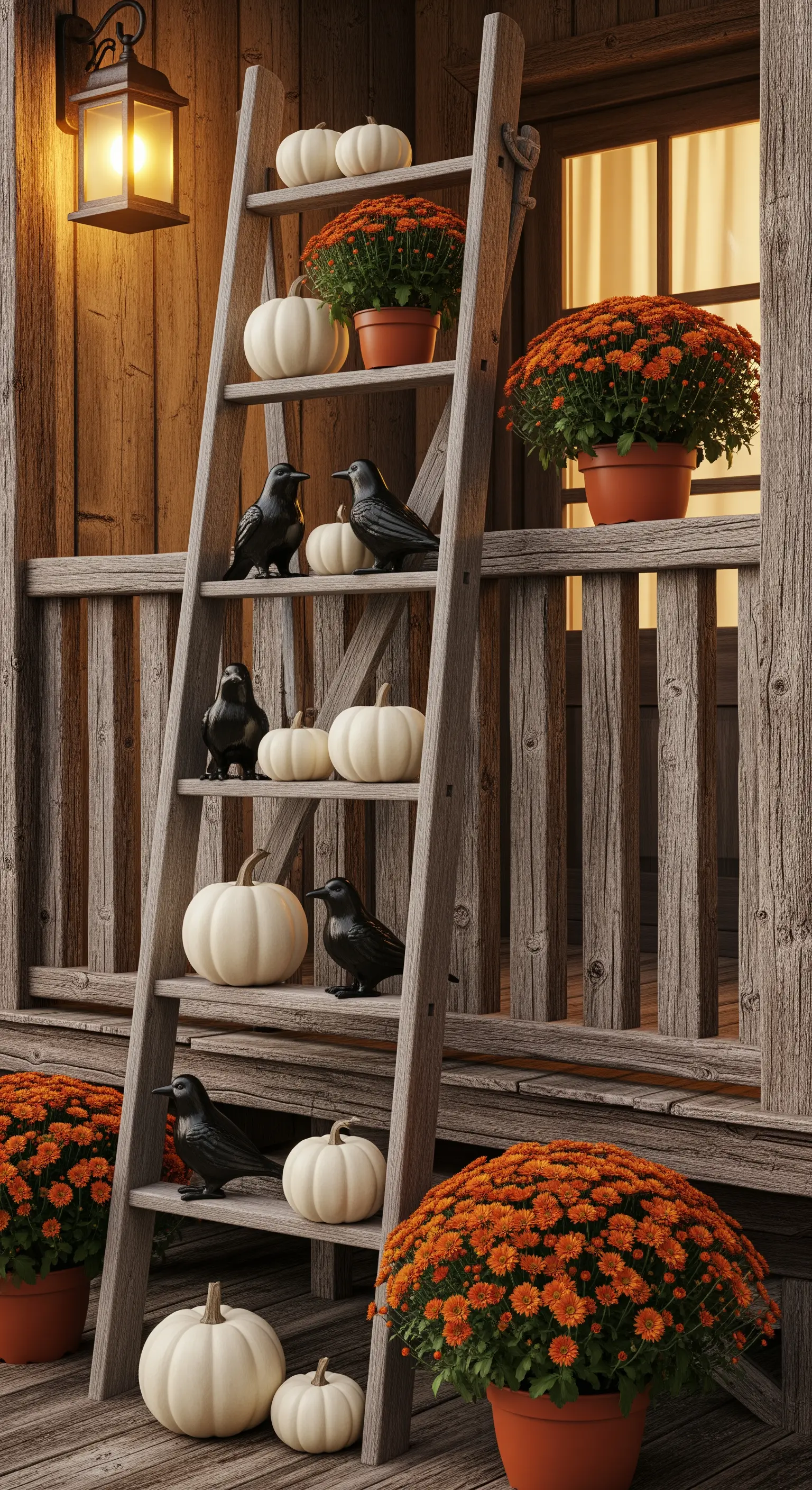 Holzleiter mit weißen Kürbissen, orangen Chrysanthemen und Deko-Raben