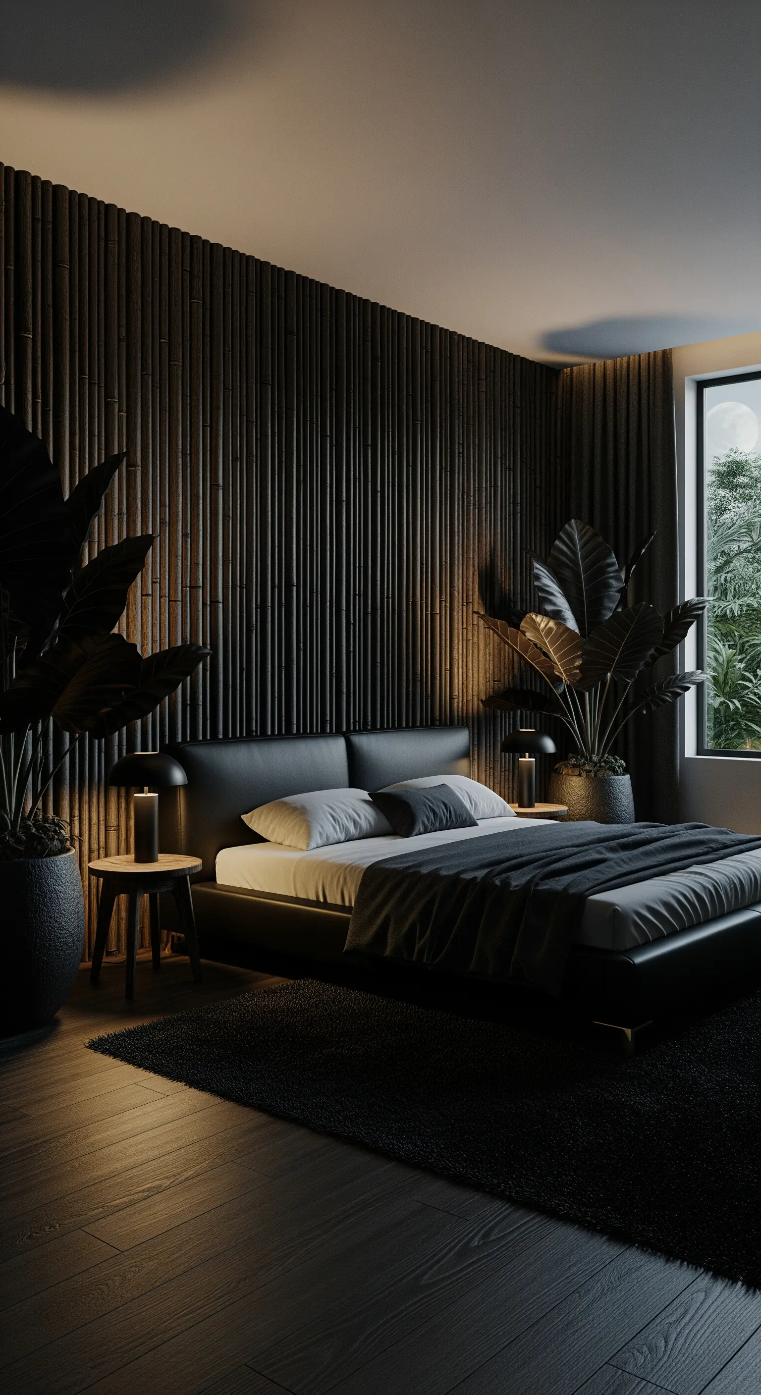 Dunkles Schlafzimmer mit Holzlamellenwand, großen Pflanzen und schwarzem Lederbett