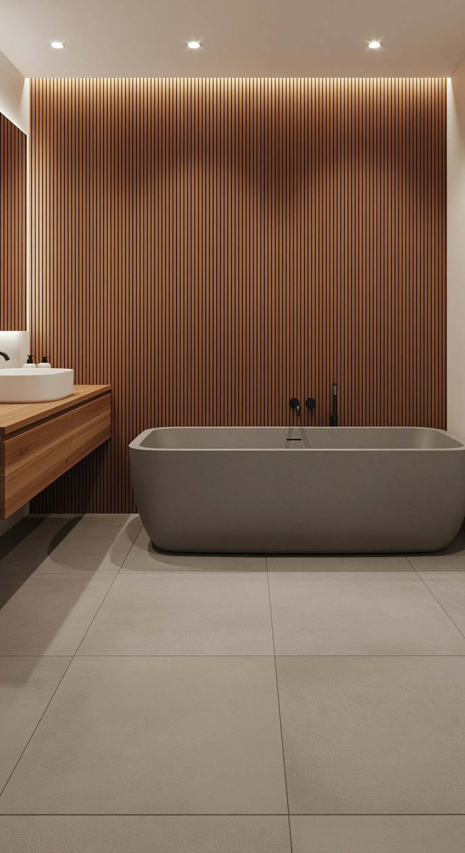 Badezimmer mit einer Akzentwand aus Holzlamellen und einer Beton-Badewanne.