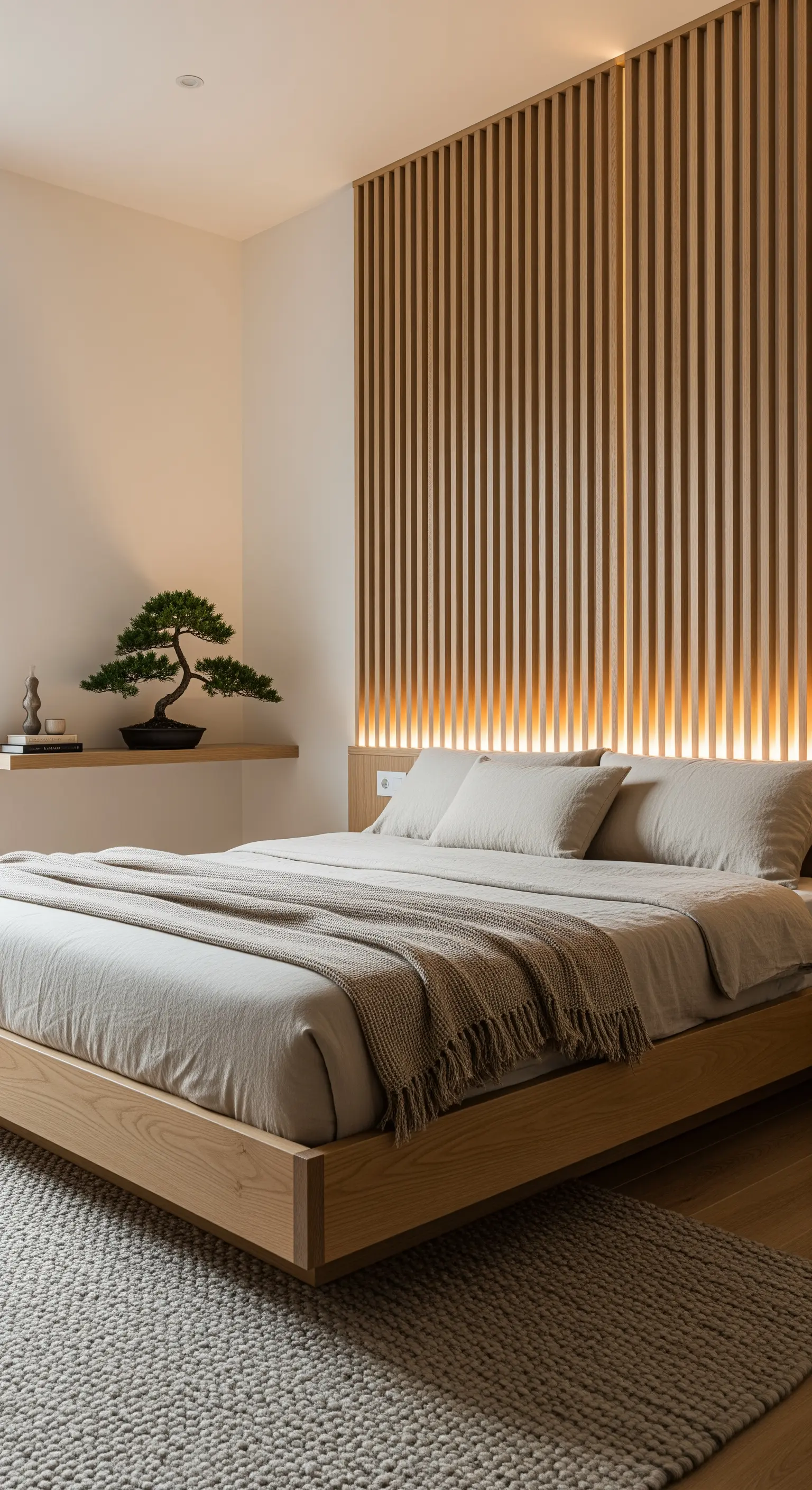 Hinterleuchtete Holzlamellen-Wand in einem minimalistischen Japandi-Schlafzimmer mit einem Bonsai-Baum.