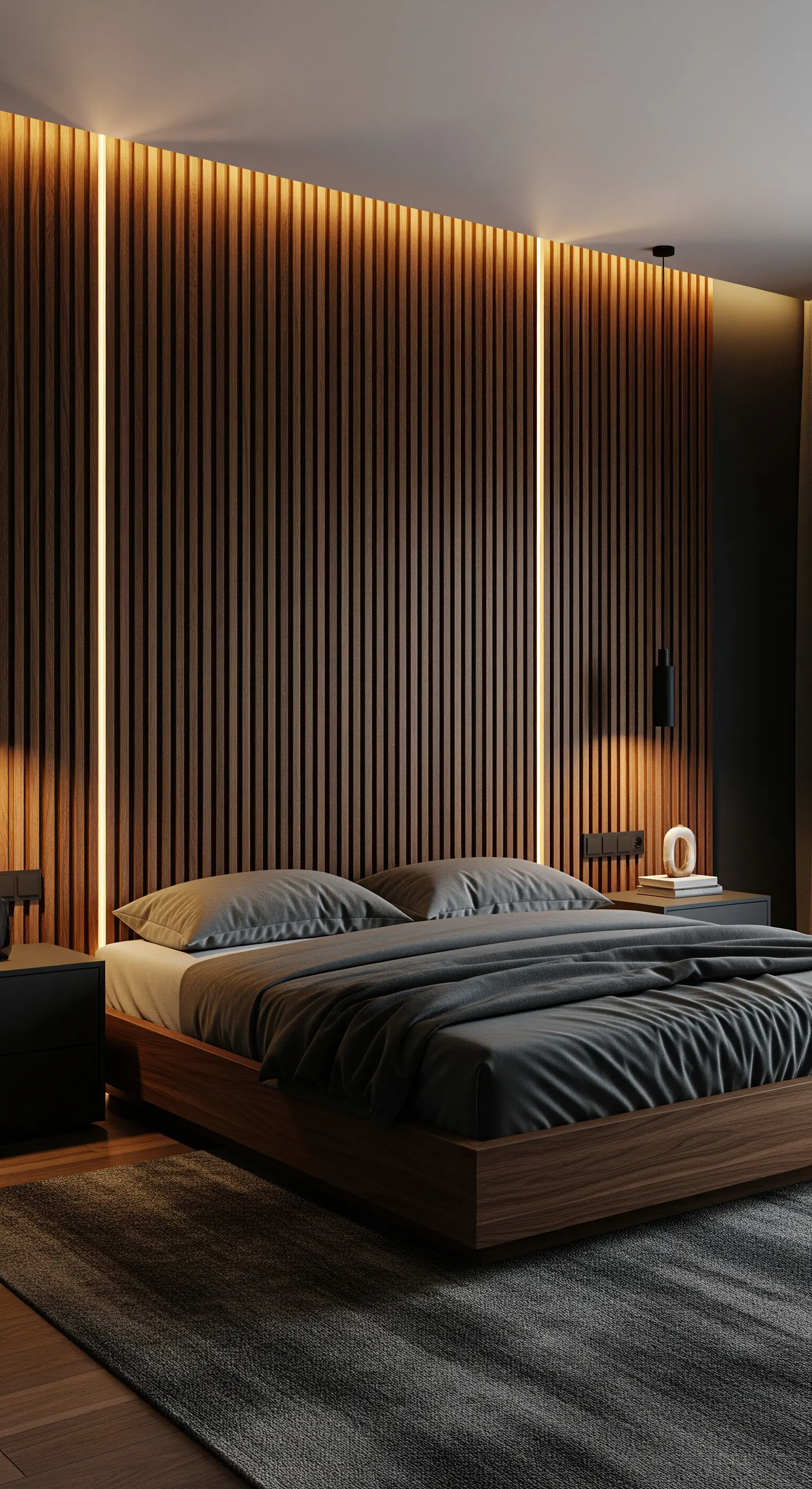 Holzlamellenwand, integrierte LED-Streifen, minimalistisches Schlafzimmer
