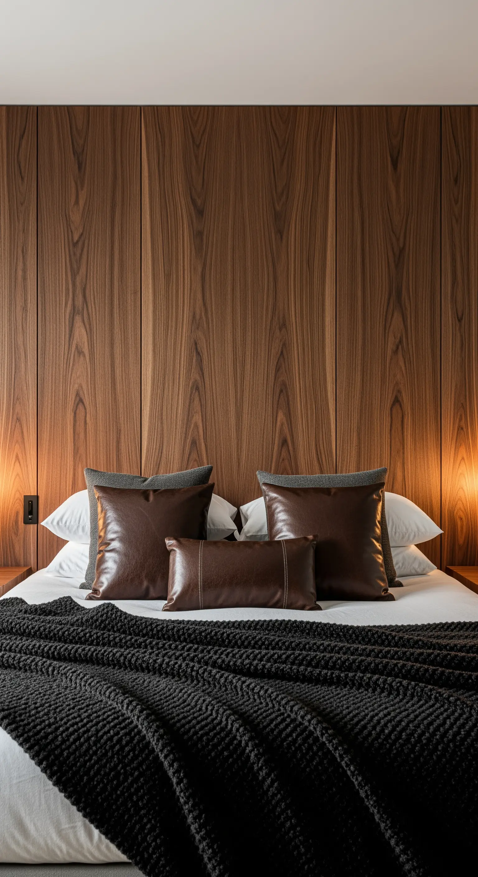 Vertikale Holzpaneele, Lederkissen, gestrickte Decke