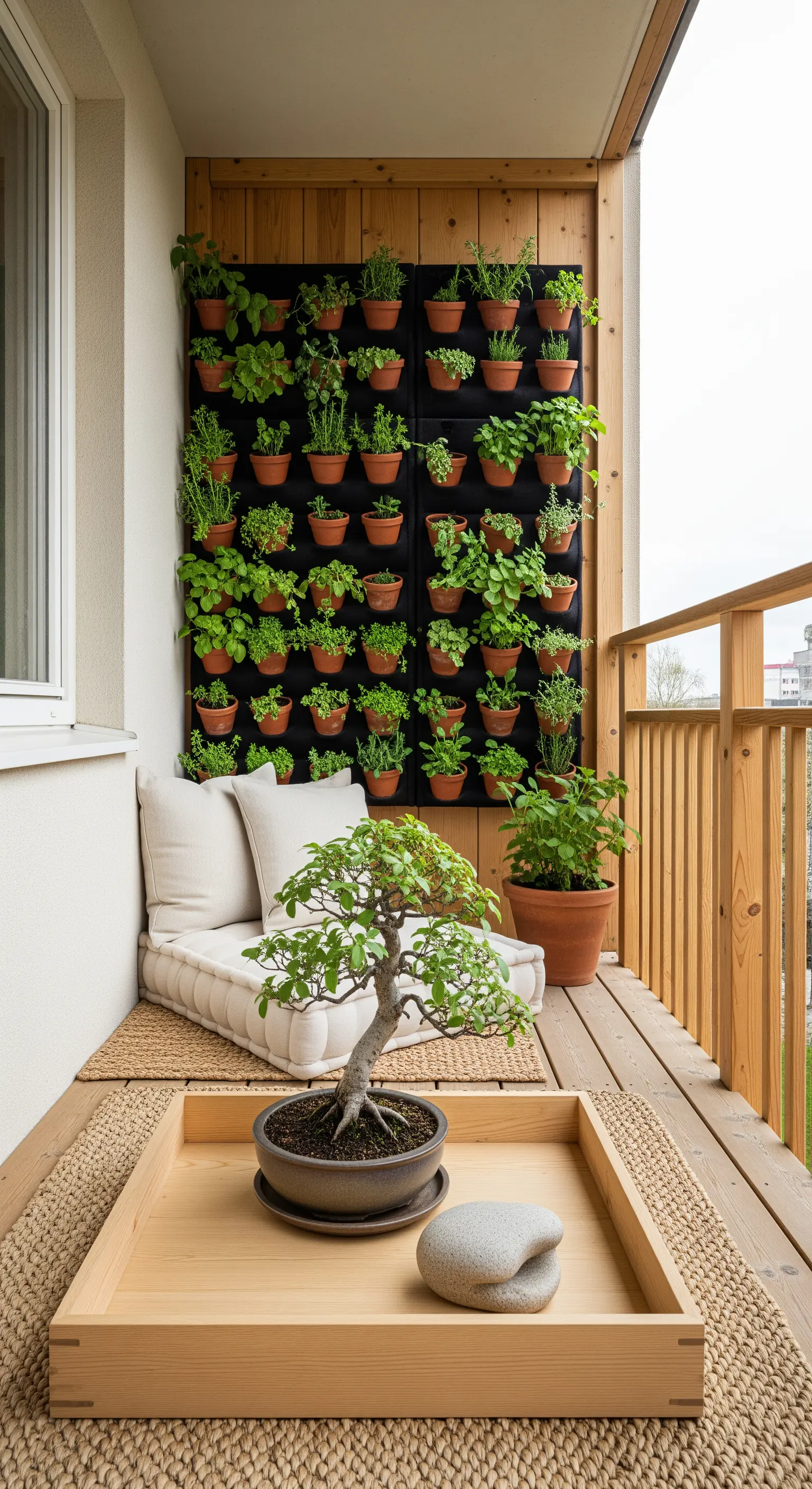 Vertikale Kräuterwand, Bodenlounge und Bonsai auf Holztablett auf Balkon