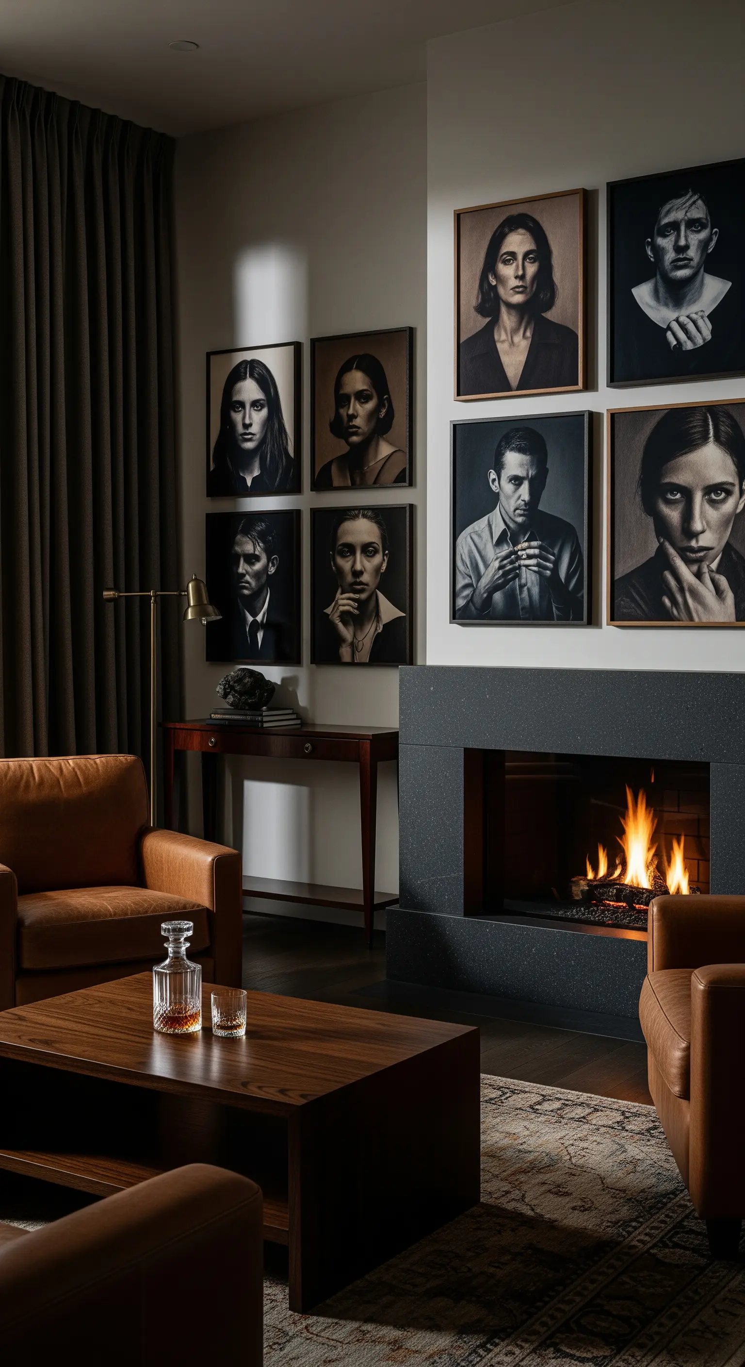 Großes abstraktes Gemälde an dunkler Ziegelwand