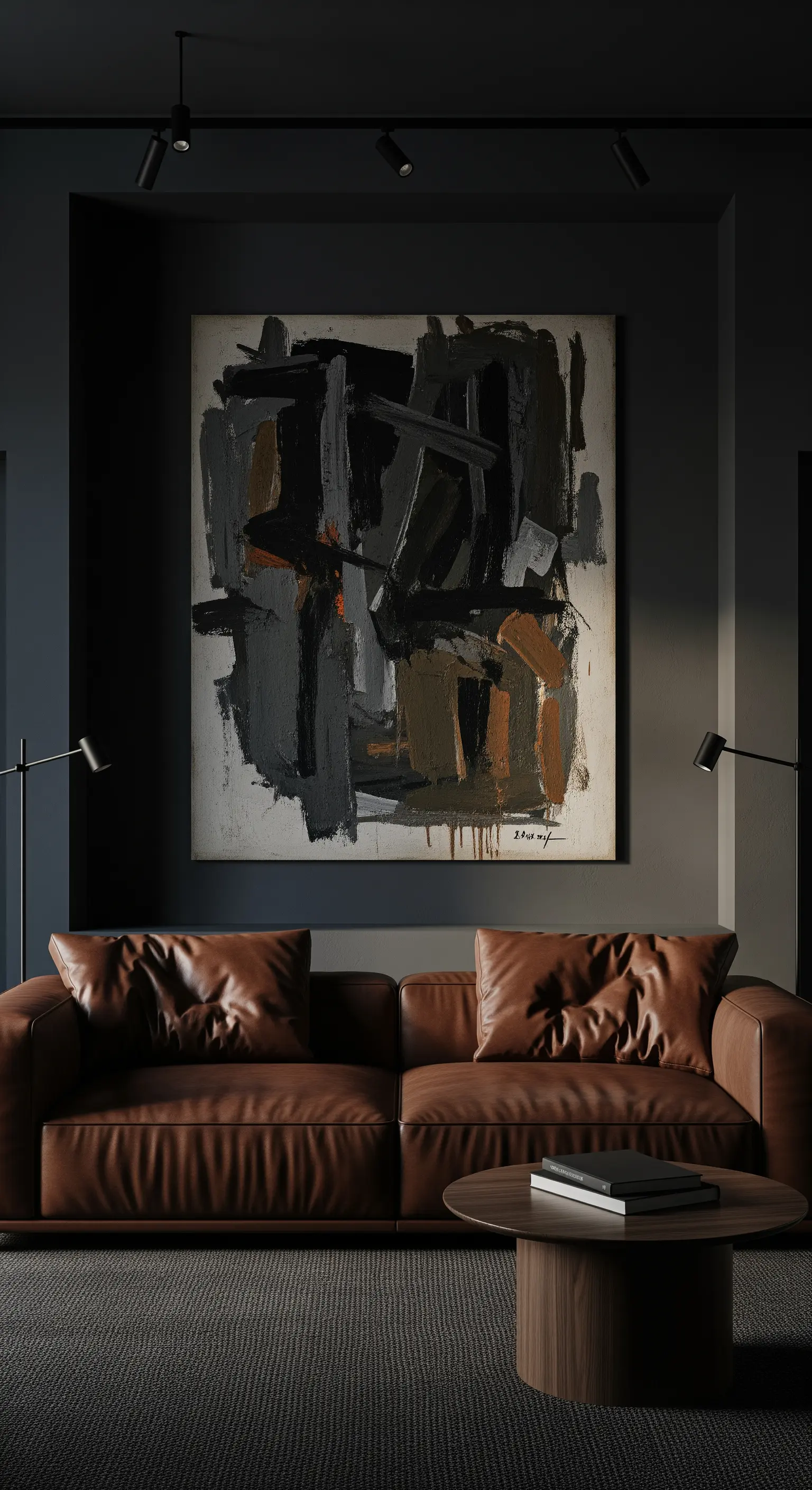 Vertikales Kunstwerk mit Goldakzenten an Wand