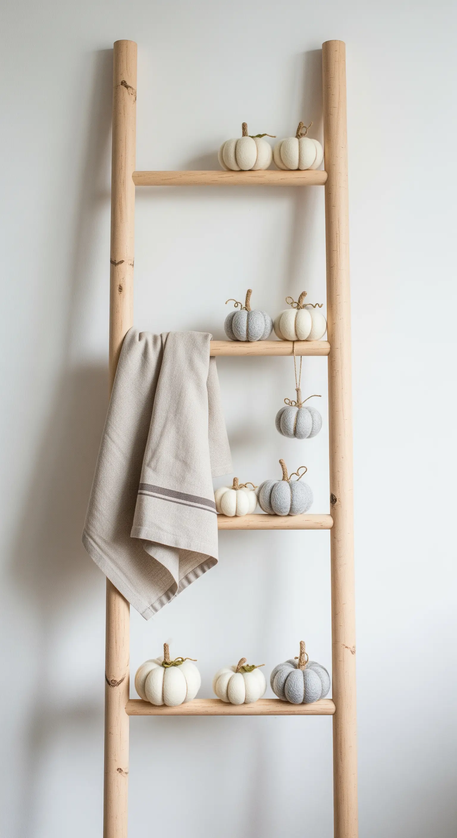 Holzleiter, dekoriert mit kleinen Filzkürbissen und einem Leinentuch.