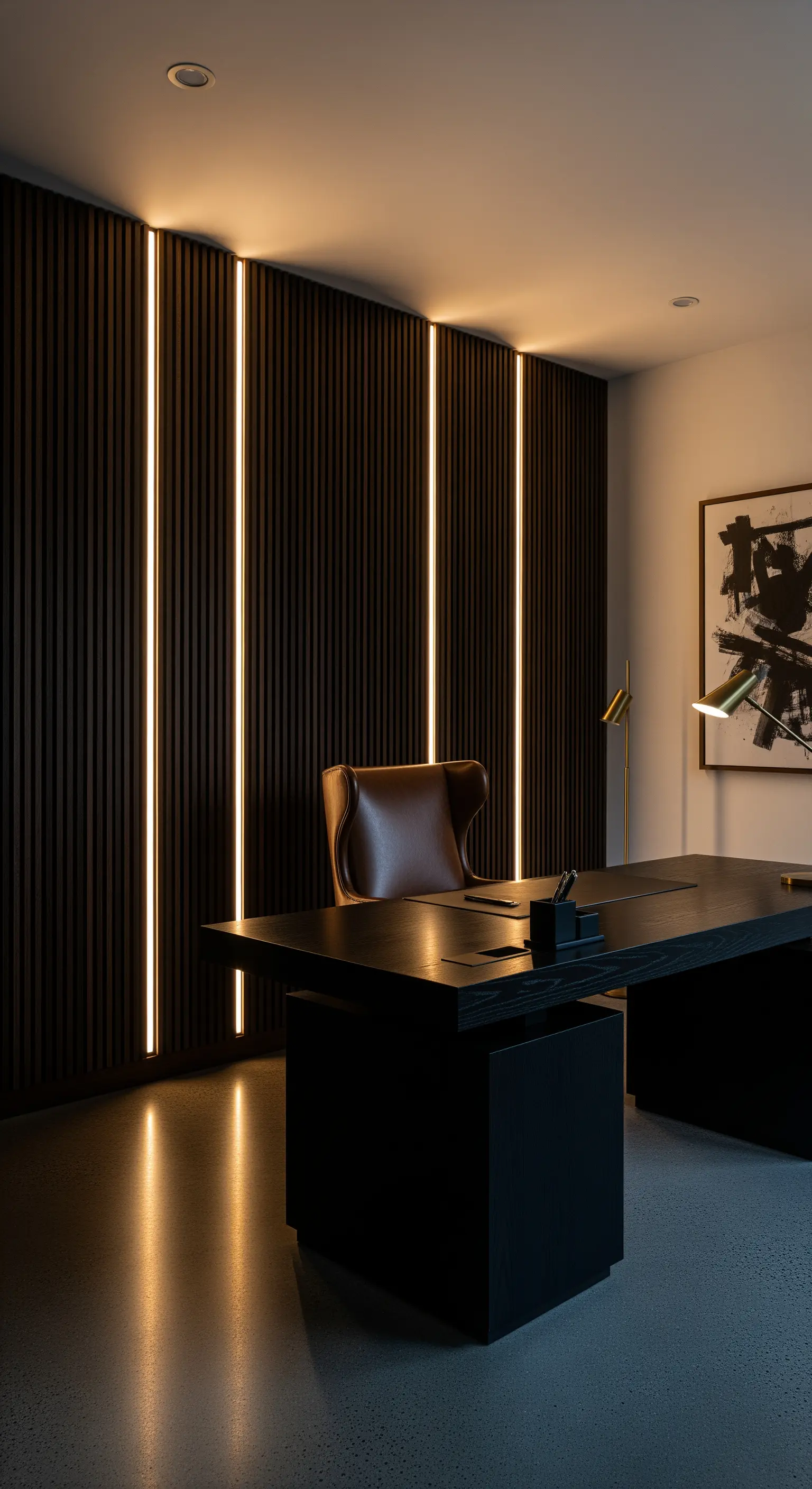 Dunkle Holzlamellenwand im Büro mit vertikalen, integrierten LED-Streifen.