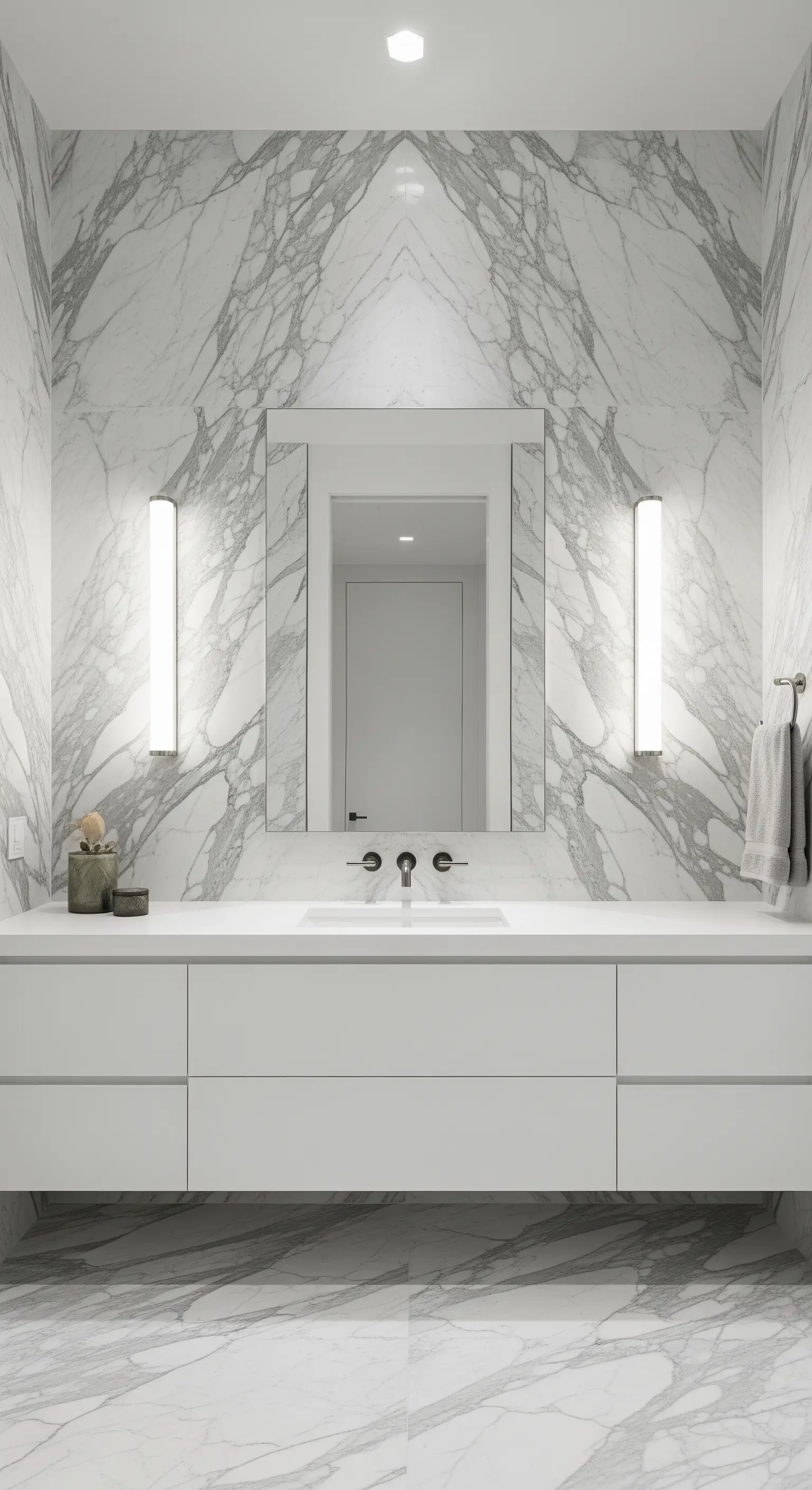 Schmales Badezimmer mit gespiegelter Marmorwand und zwei hohen, vertikalen Wandleuchten.