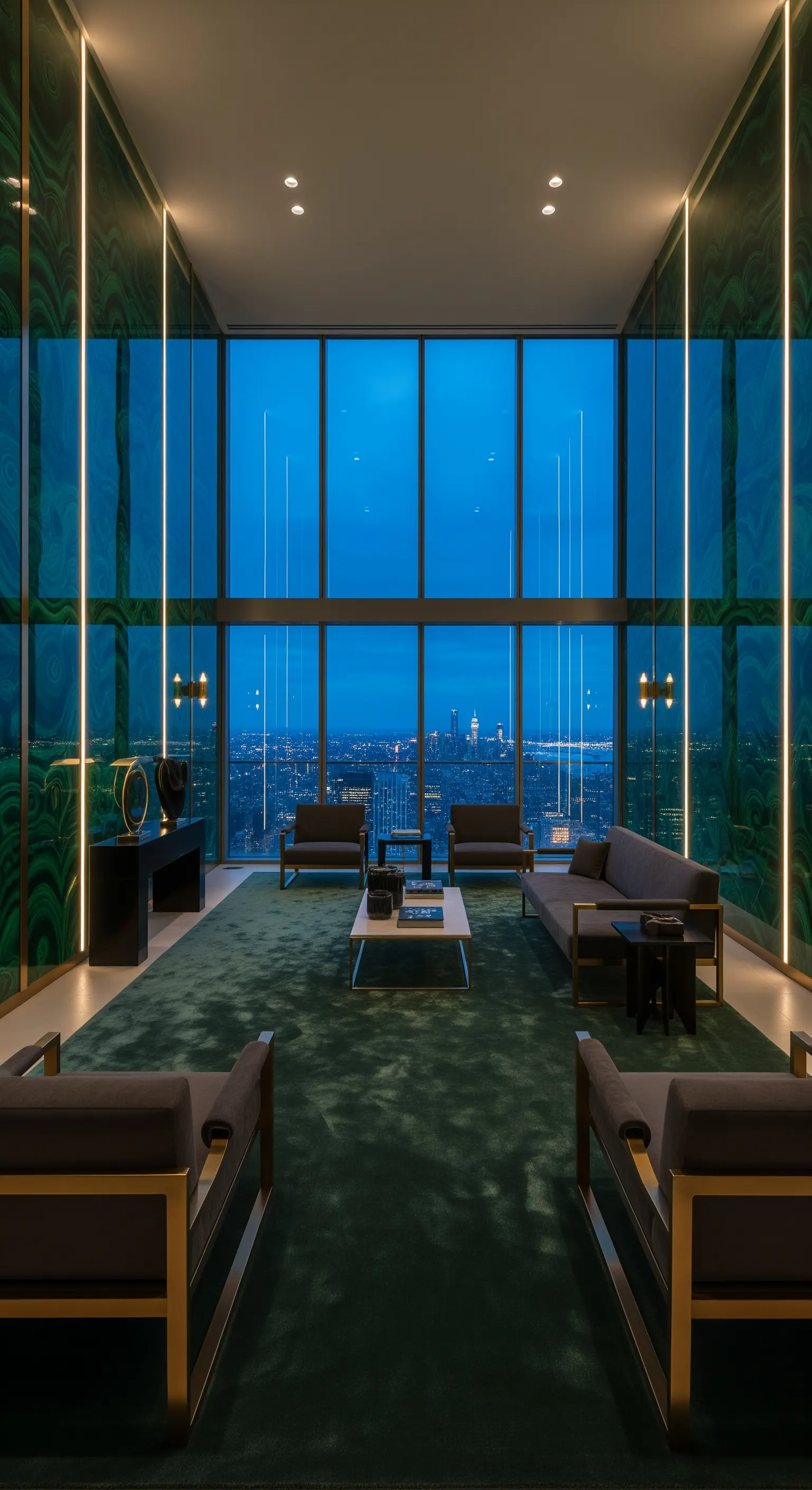 Grüne Hochglanzwände mit vertikalen Lichtstreifen, Panoramafenster mit Skyline