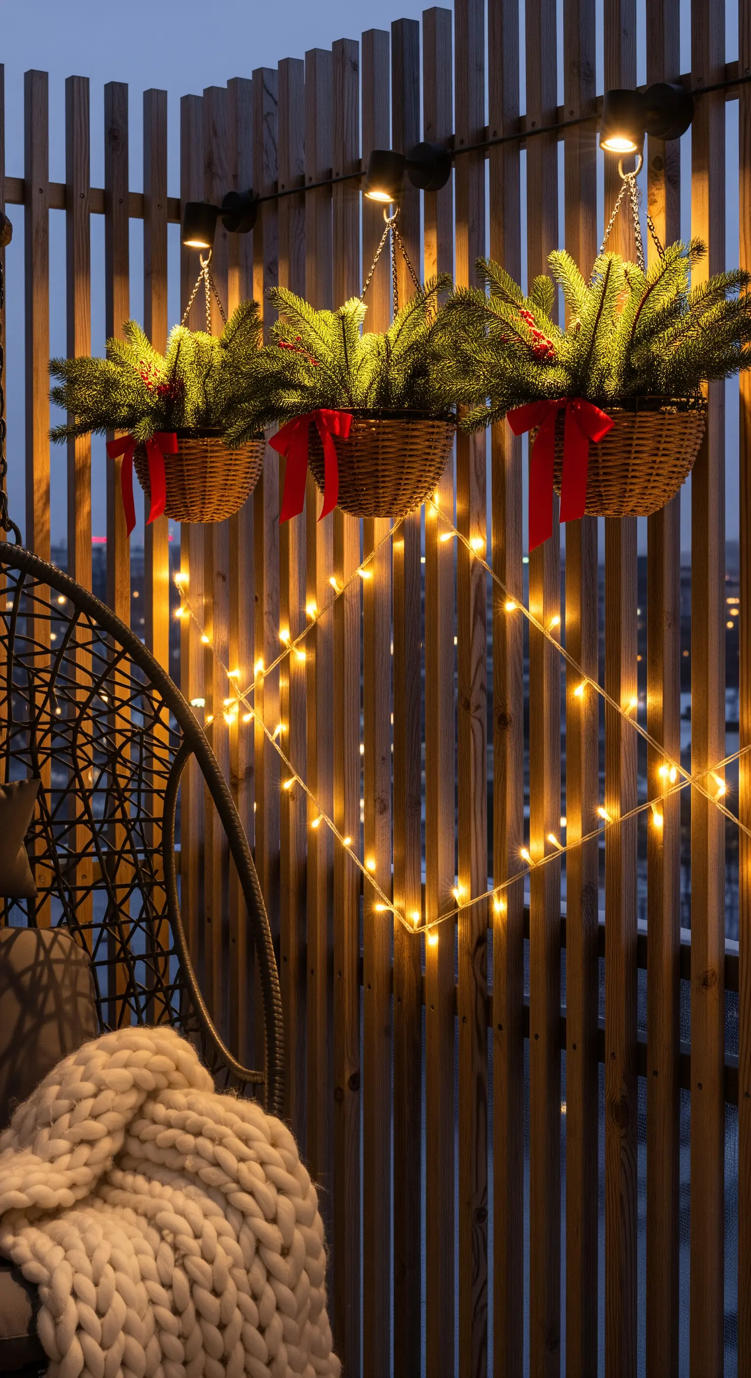 Balkon mit vertikaler Lichterketten-Wanddeko, Hängekörben mit Tannengrün und Hängesessel