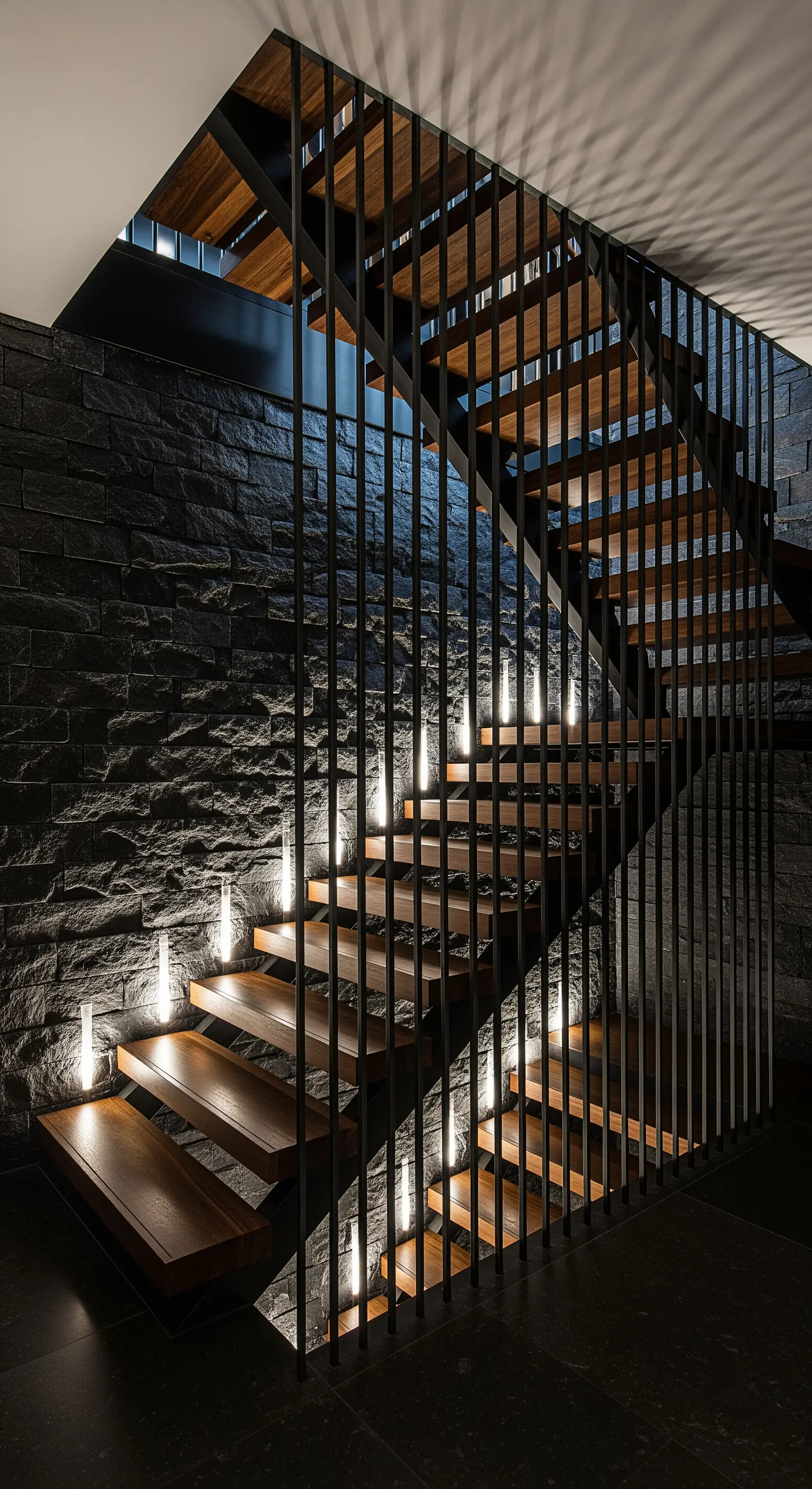 Moderne Treppe aus Holz und schwarzem Metall mit integrierten Bodenspots