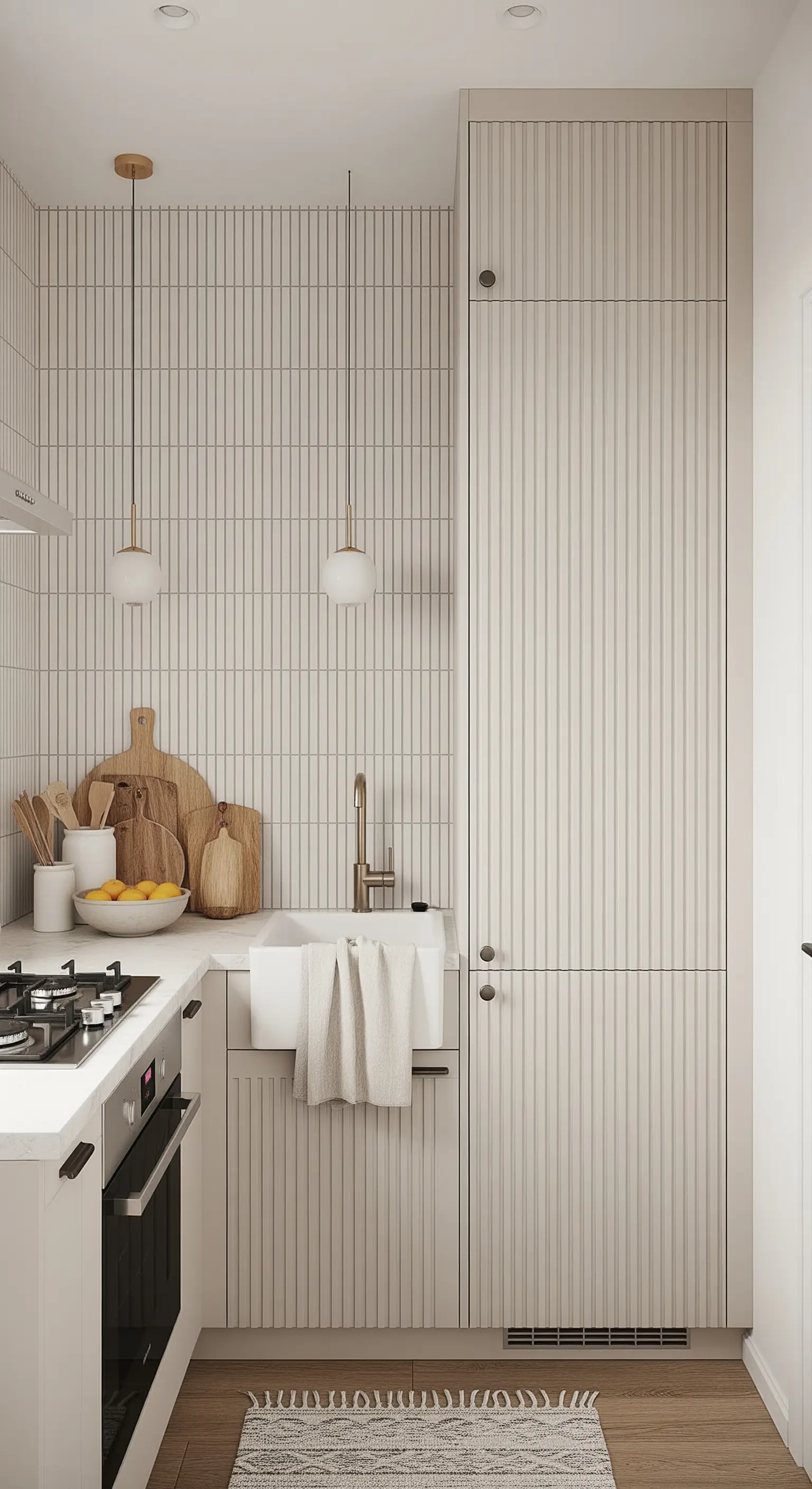 Küche mit vertikal geriffelten Fliesen und Schrankfronten, die den Raum optisch strecken.