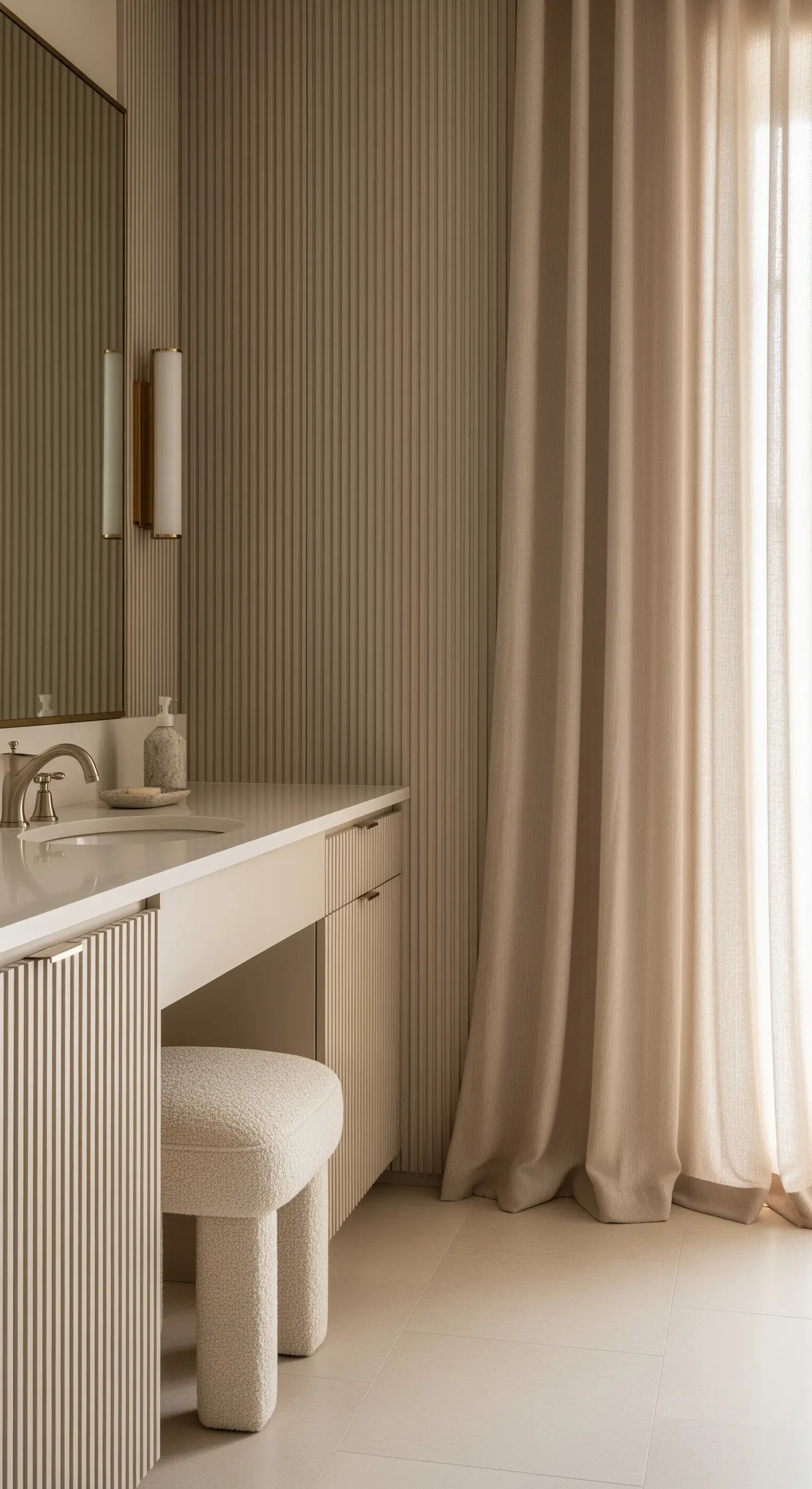 Waschtischbereich mit geriffelten Wandpaneelen in Champagner und einem langen, beigefarbenen Vorhang.