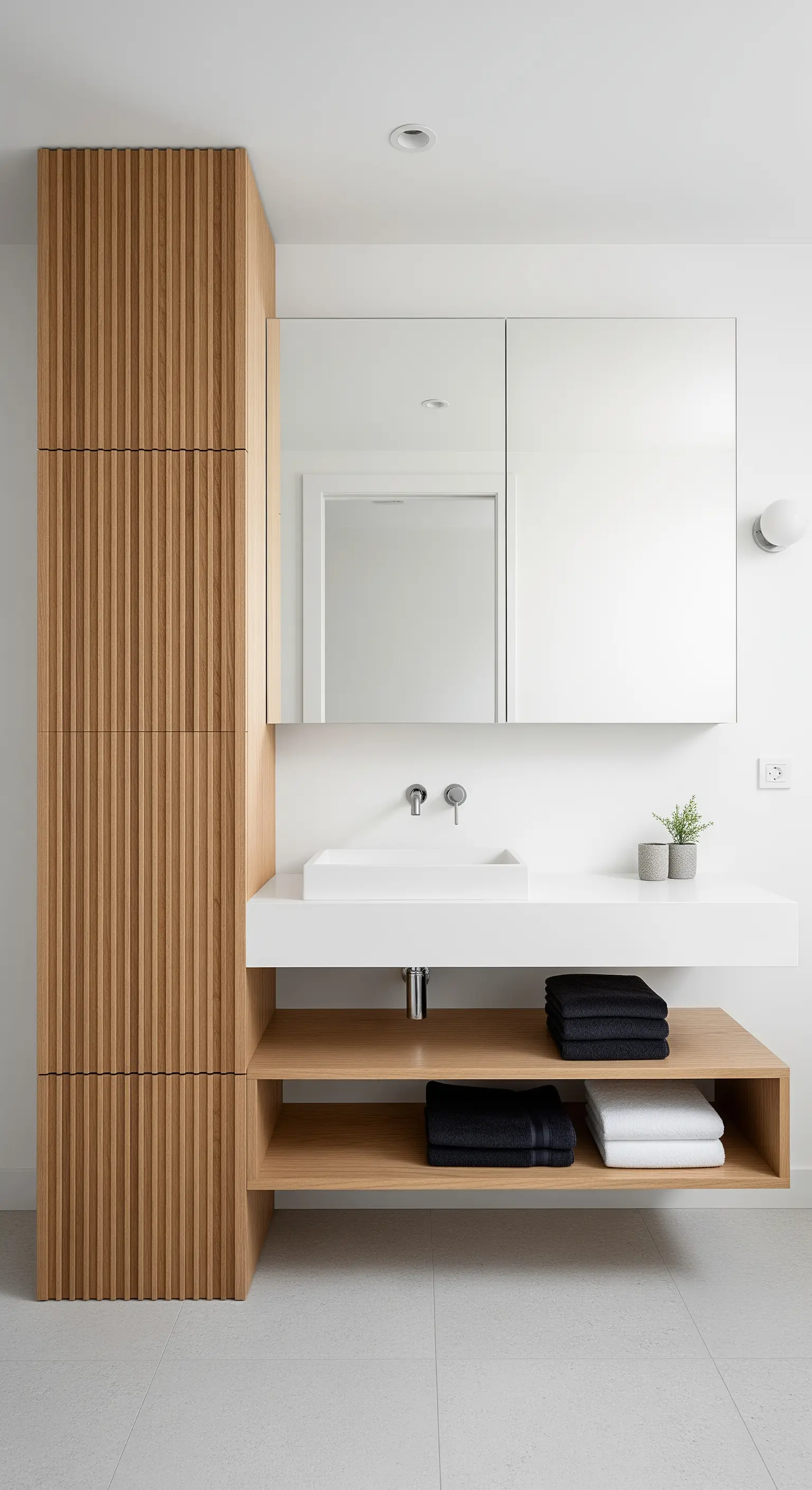 Heller Holzwaschtisch und Hochschrank mit vertikaler Rillenstruktur.