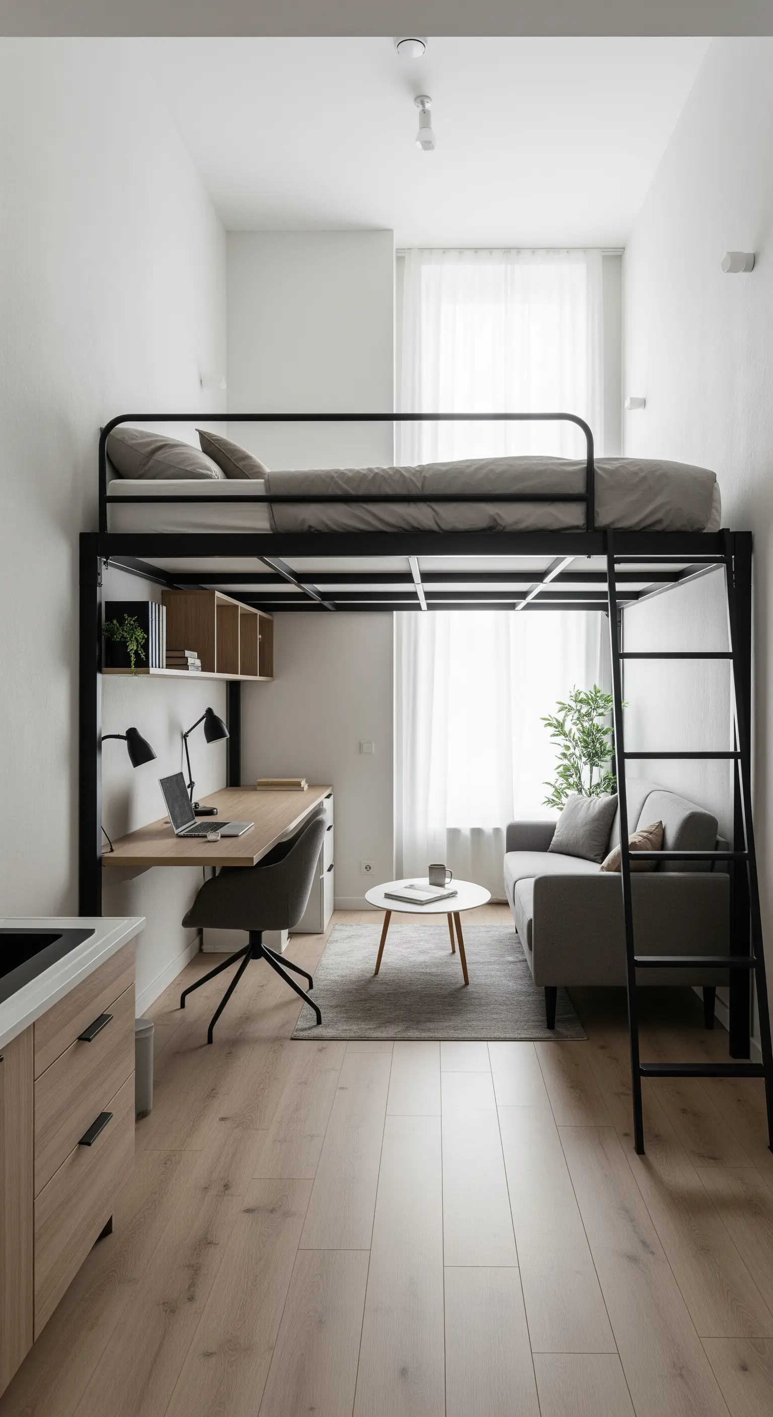 Schmales Studio mit Hochbett, unter dem sich ein Schreibtisch befindet