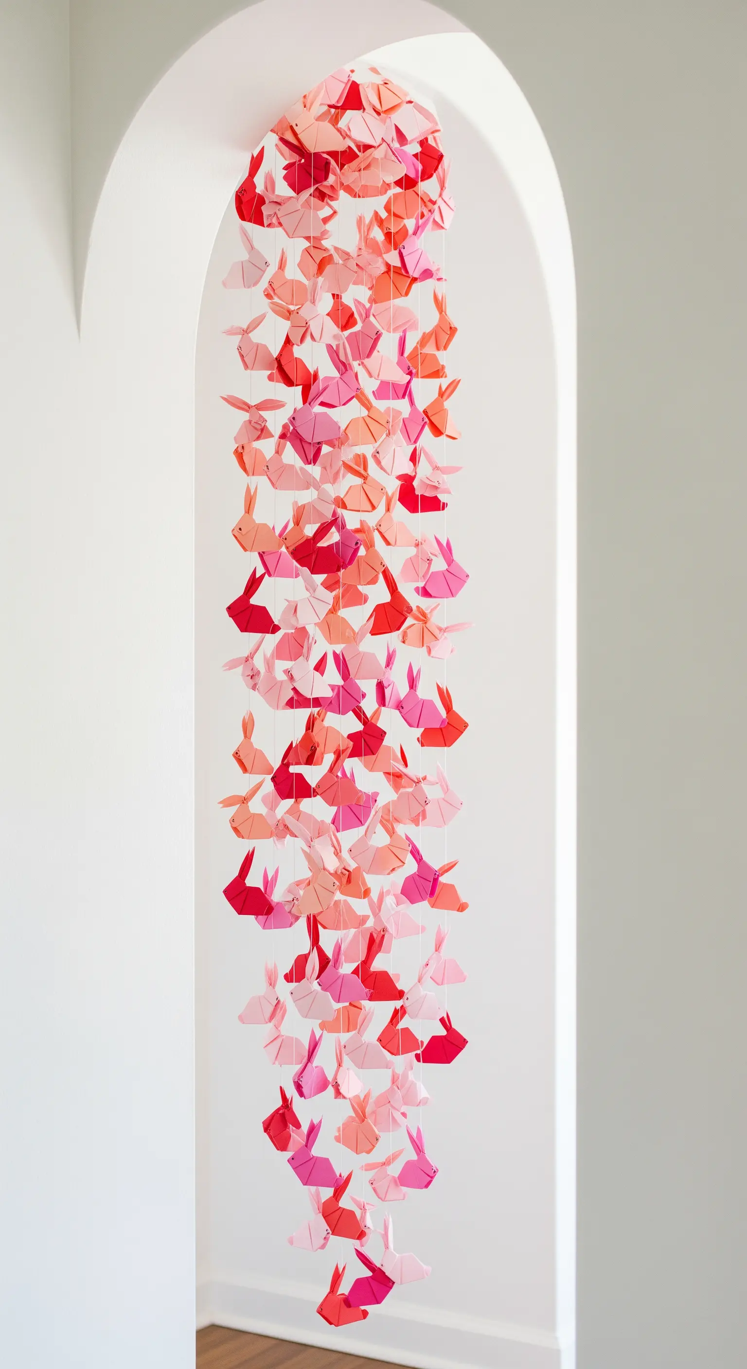 Vertikale Girlande aus roten und rosa Origami-Hasen in einem Bogen