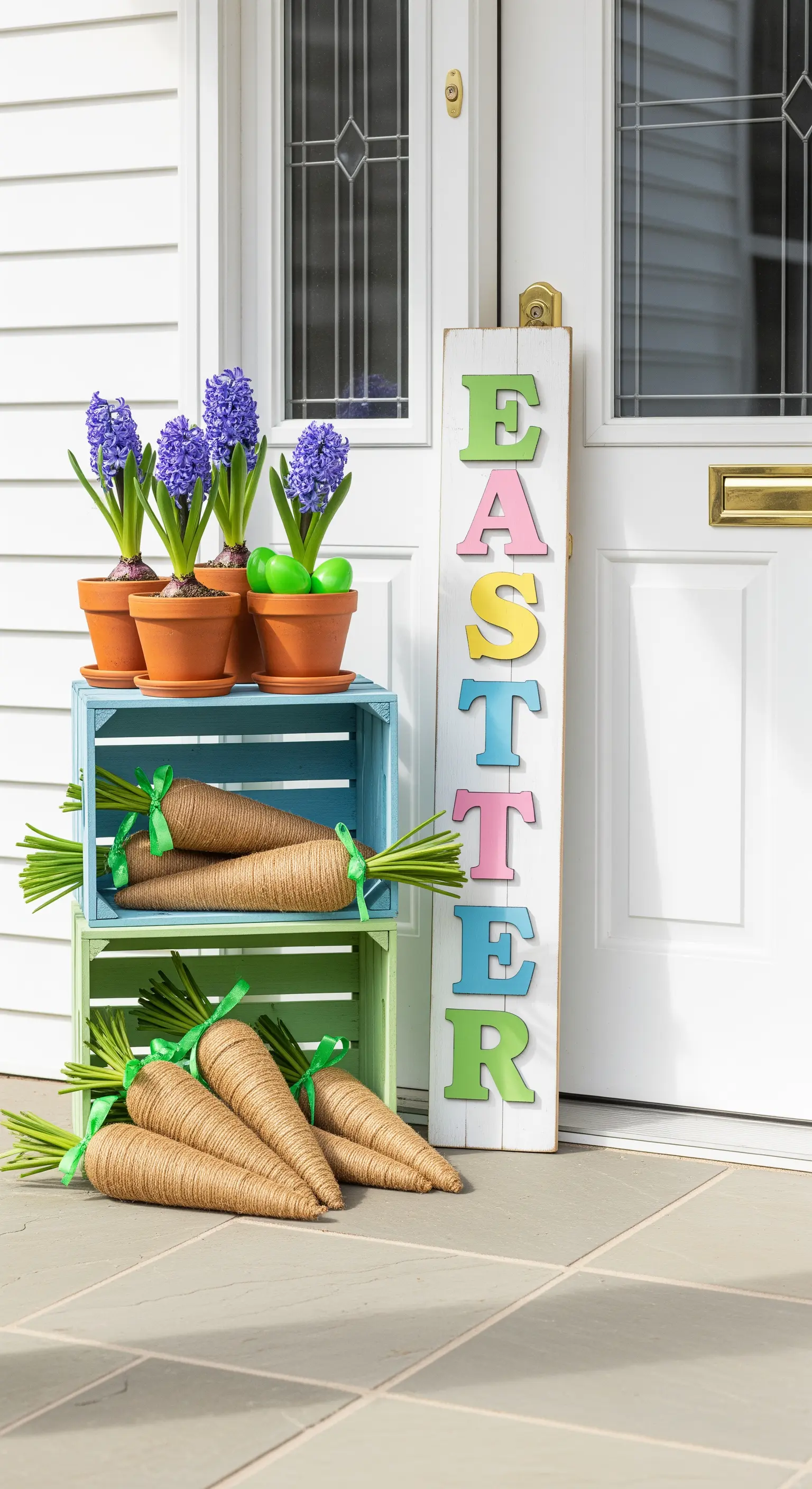 Gestapelte Holzkisten mit Hyazinthen und Jute-Möhren, 'EASTER'-Schild