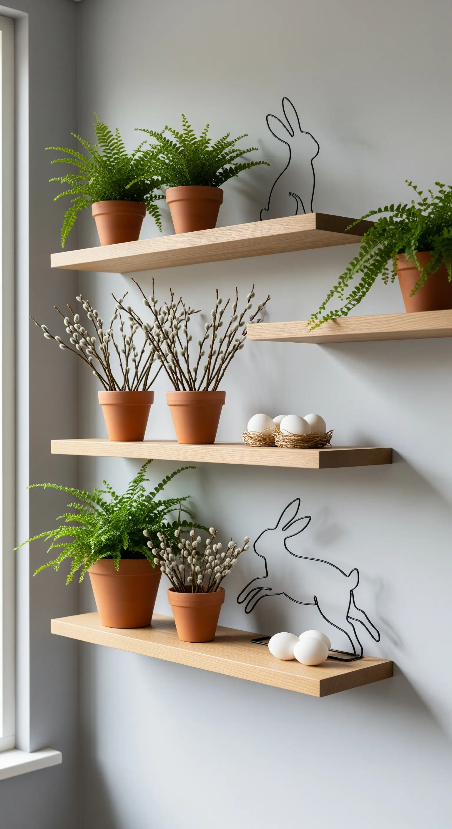 Regale mit Farnen, Weidenkätzchen, Eiern und Draht-Hasen