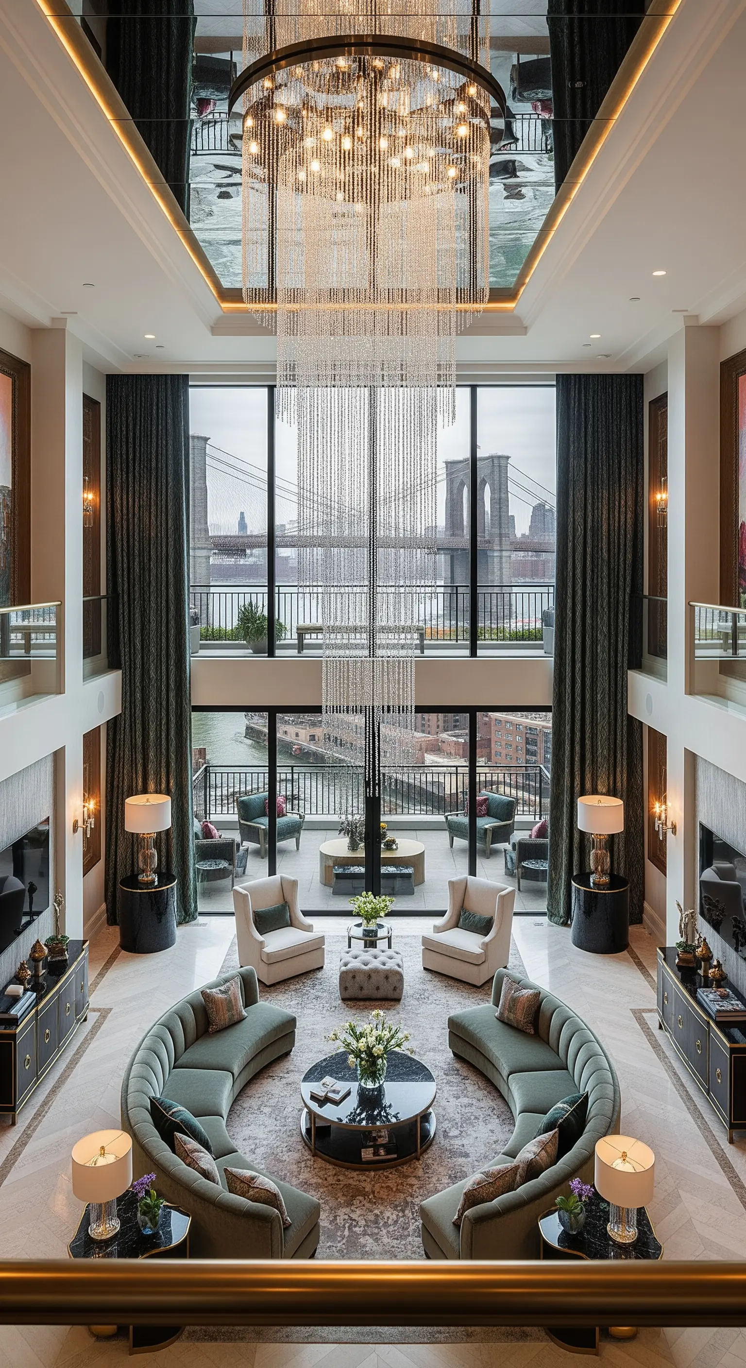 Luxuriöses, doppelstöckiges Wohnzimmer mit riesigem Kronleuchter und symmetrischer Anordnung.