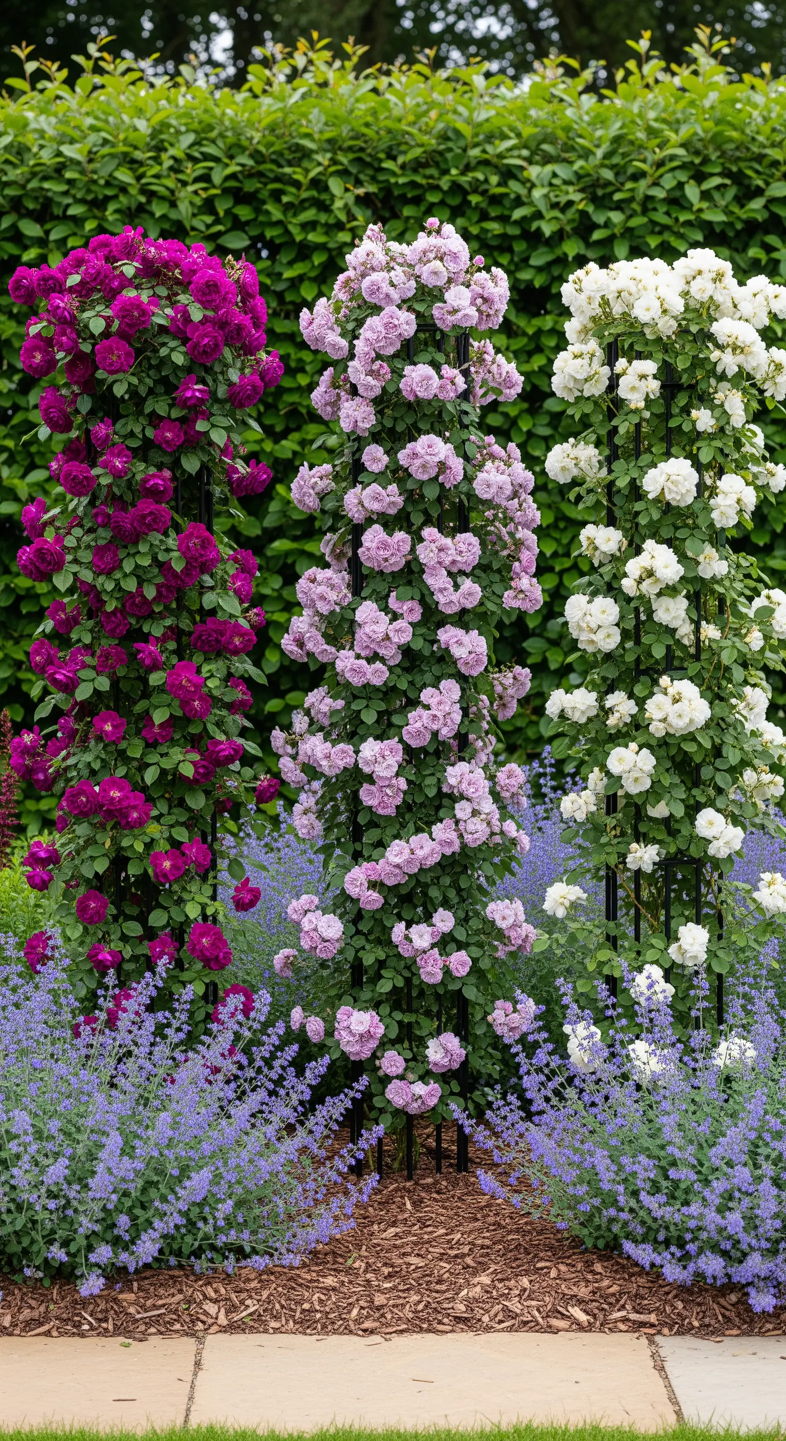 Vertikale Spaliere, Kletterrosen, Farbverlauf, Gartensäulen, Rosensorten