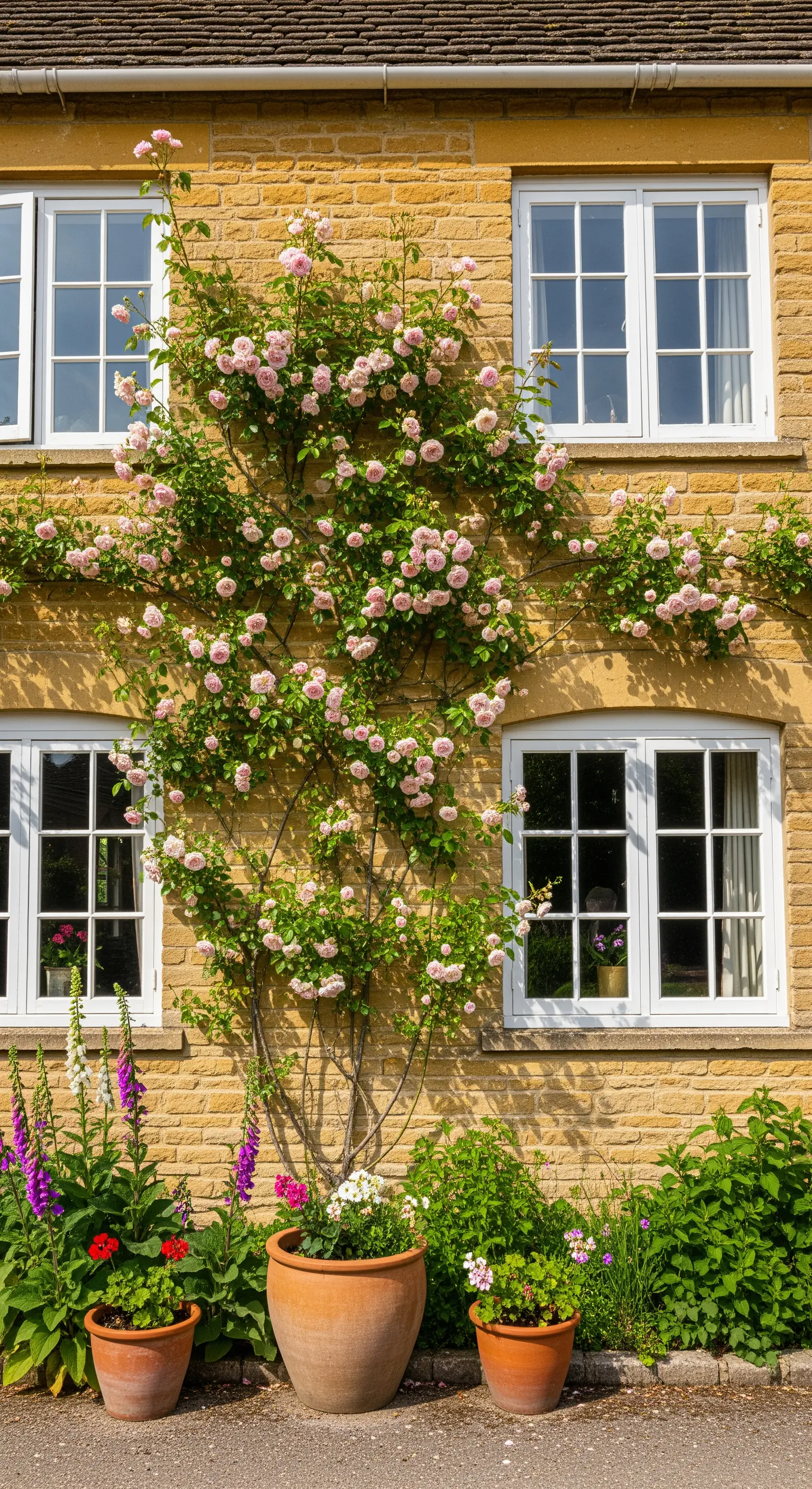 Kletterrose an Hauswand, Terracotta-Töpfe, Cottage-Stil, vertikale Bepflanzung