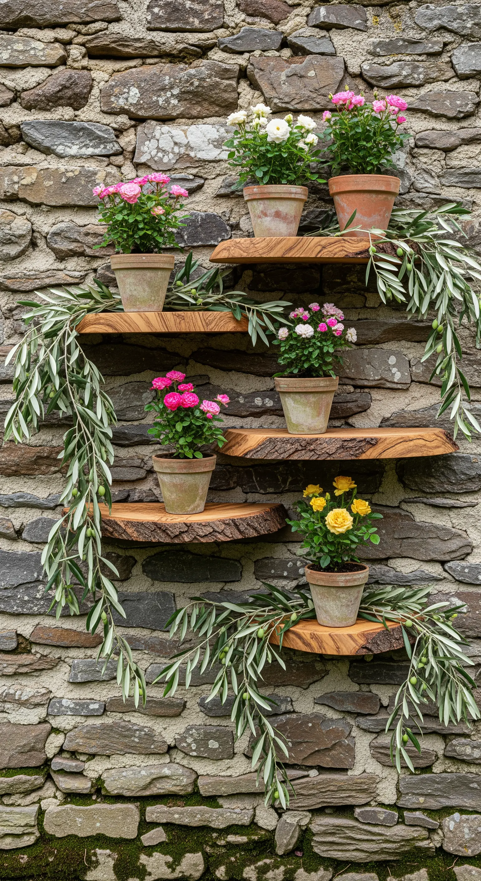 Vertikales Regal aus Olivenholz an einer Steinwand mit Topfrosen und Olivenzweigen