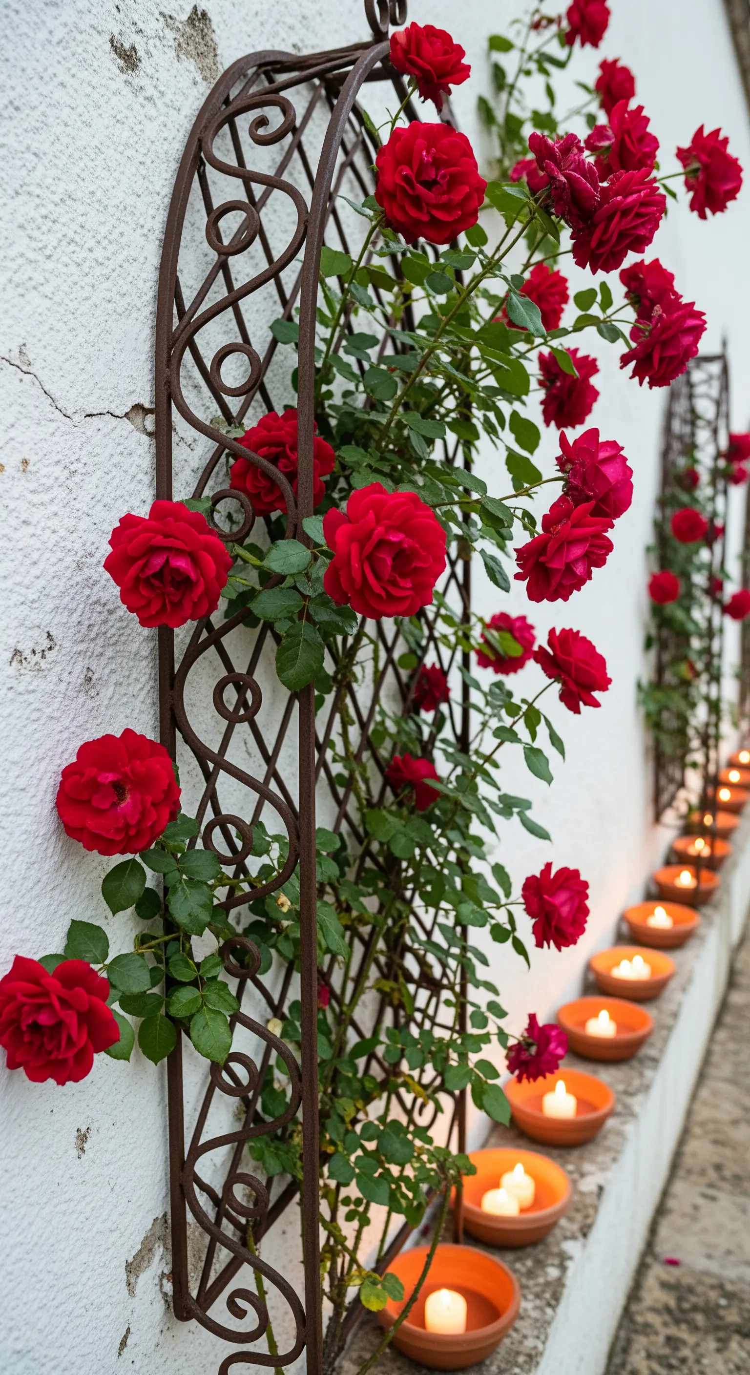 Rotes Rankgitter mit Rosen an der Hauswand, beleuchtet von Teelichtern in Terrakotta