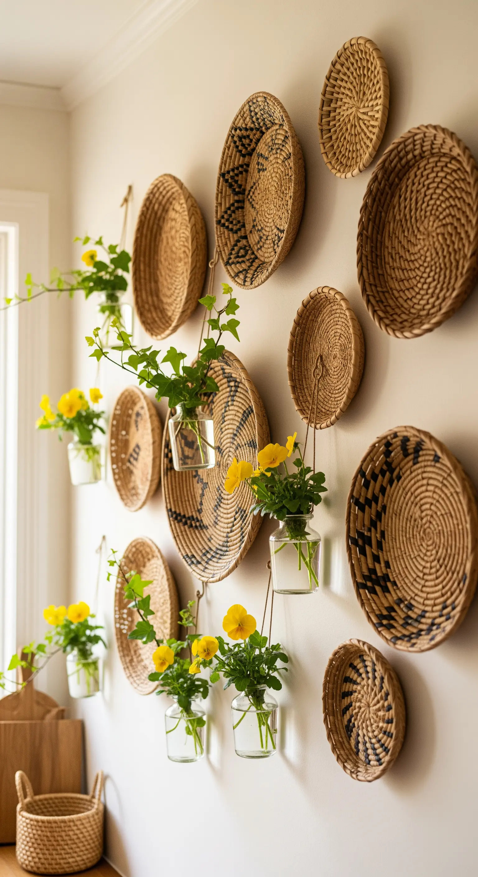 Wanddeko aus geflochtenen Körben und kleinen Vasen mit Stiefmütterchen
