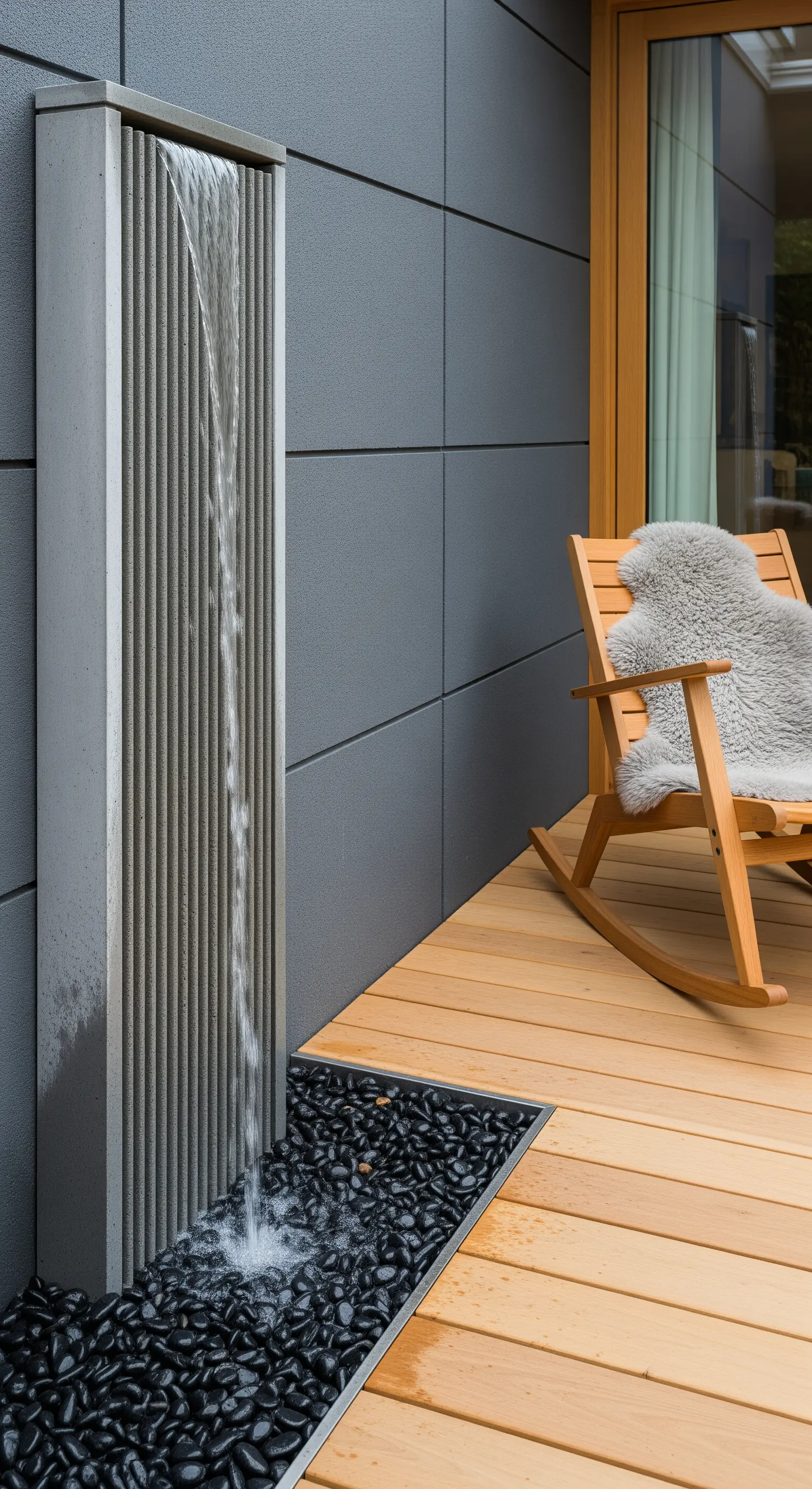 Vertikale Wasserwand, Holzschaukelstuhl, Schaffell, Kieselsteine