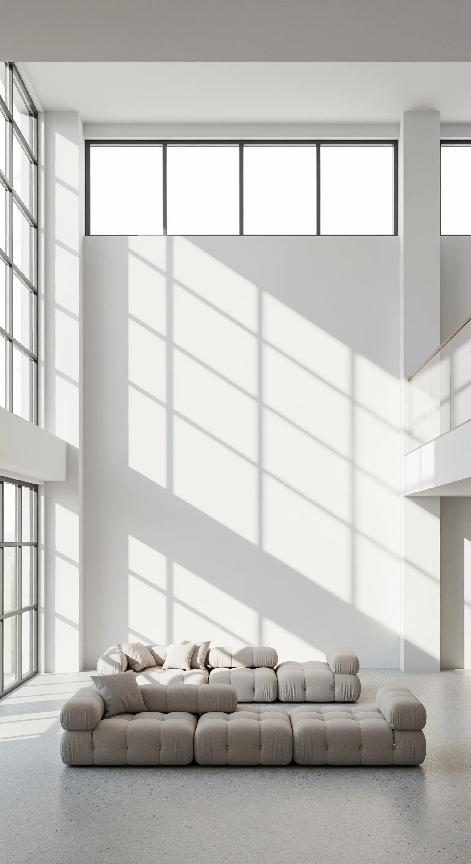 Sehr hoher, weißer Raum mit einem tiefen Sofa und hohen Fenstern, die lange Schatten werfen.