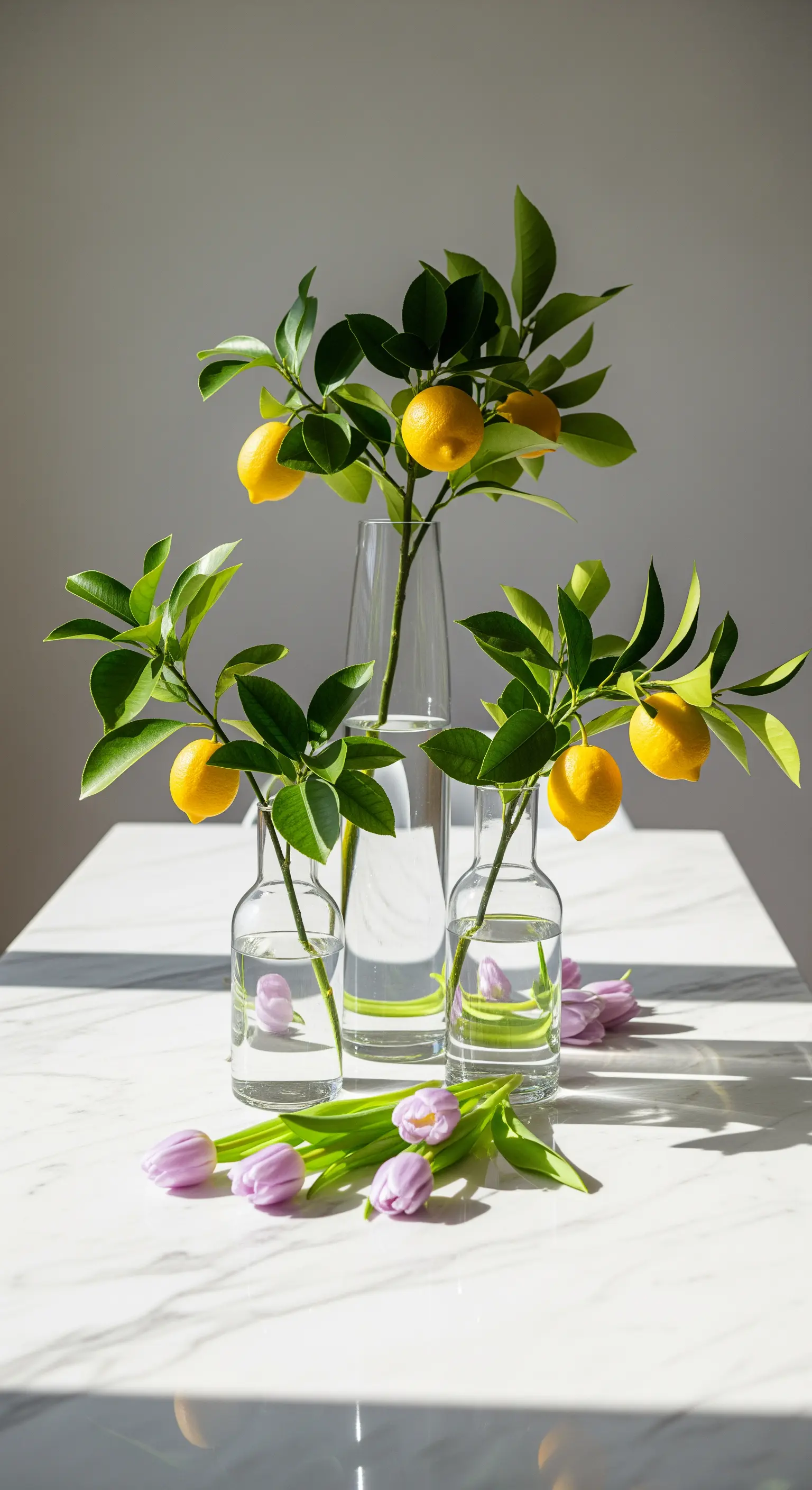 Zitronenäste in hohen Glasvasen mit violetten Tulpen auf Marmortisch