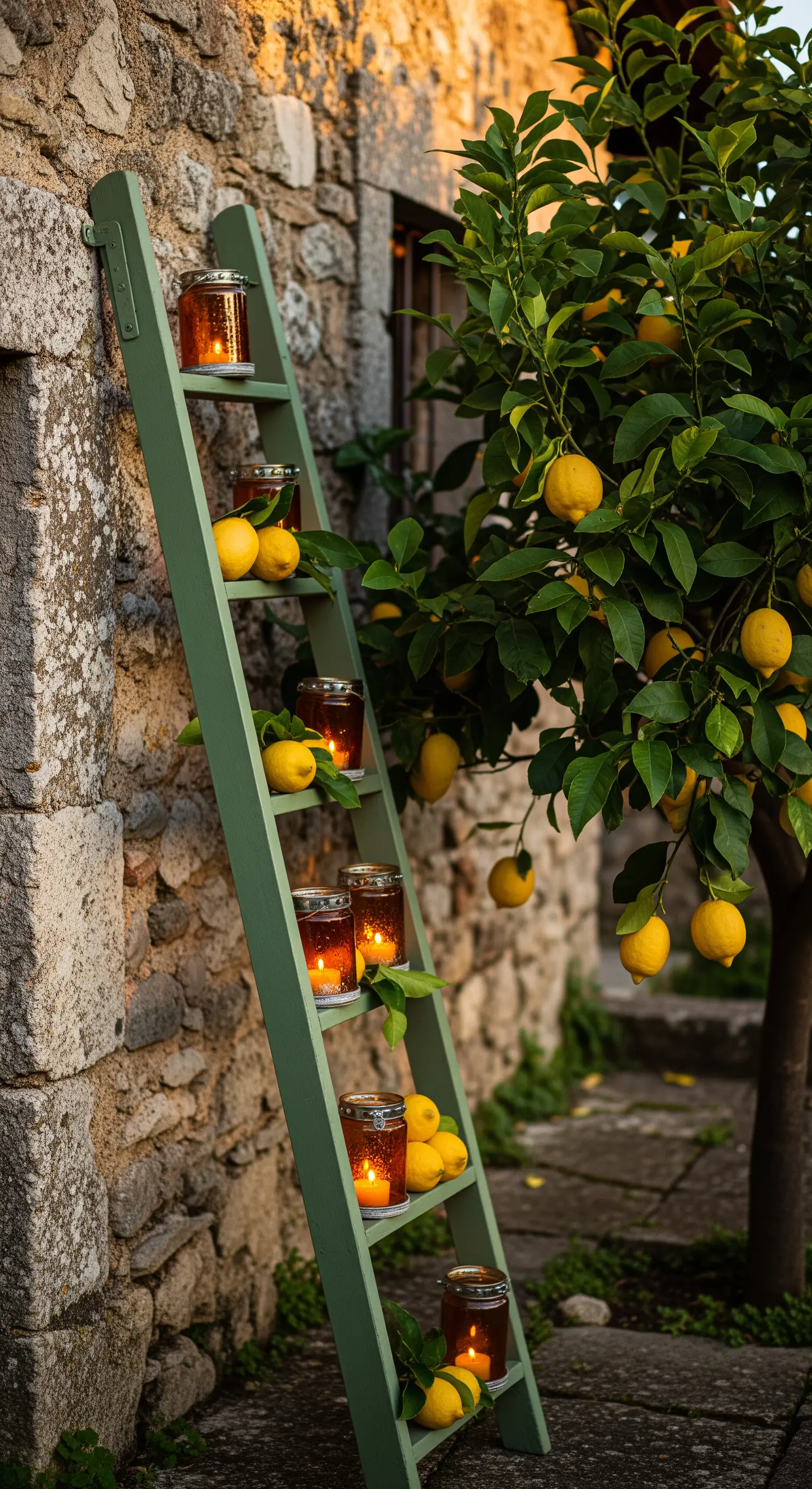 Holzleiter mit Zitronen und Kerzen in Gläsern an einer Steinwand, neben einem Zitronenbaum