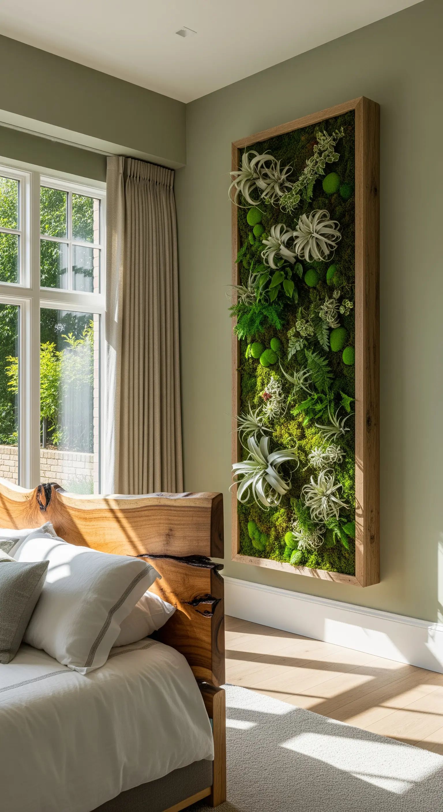 Vertikaler Garten mit Moos und Sukkulenten als Wandkunst in einem hellen Schlafzimmer.