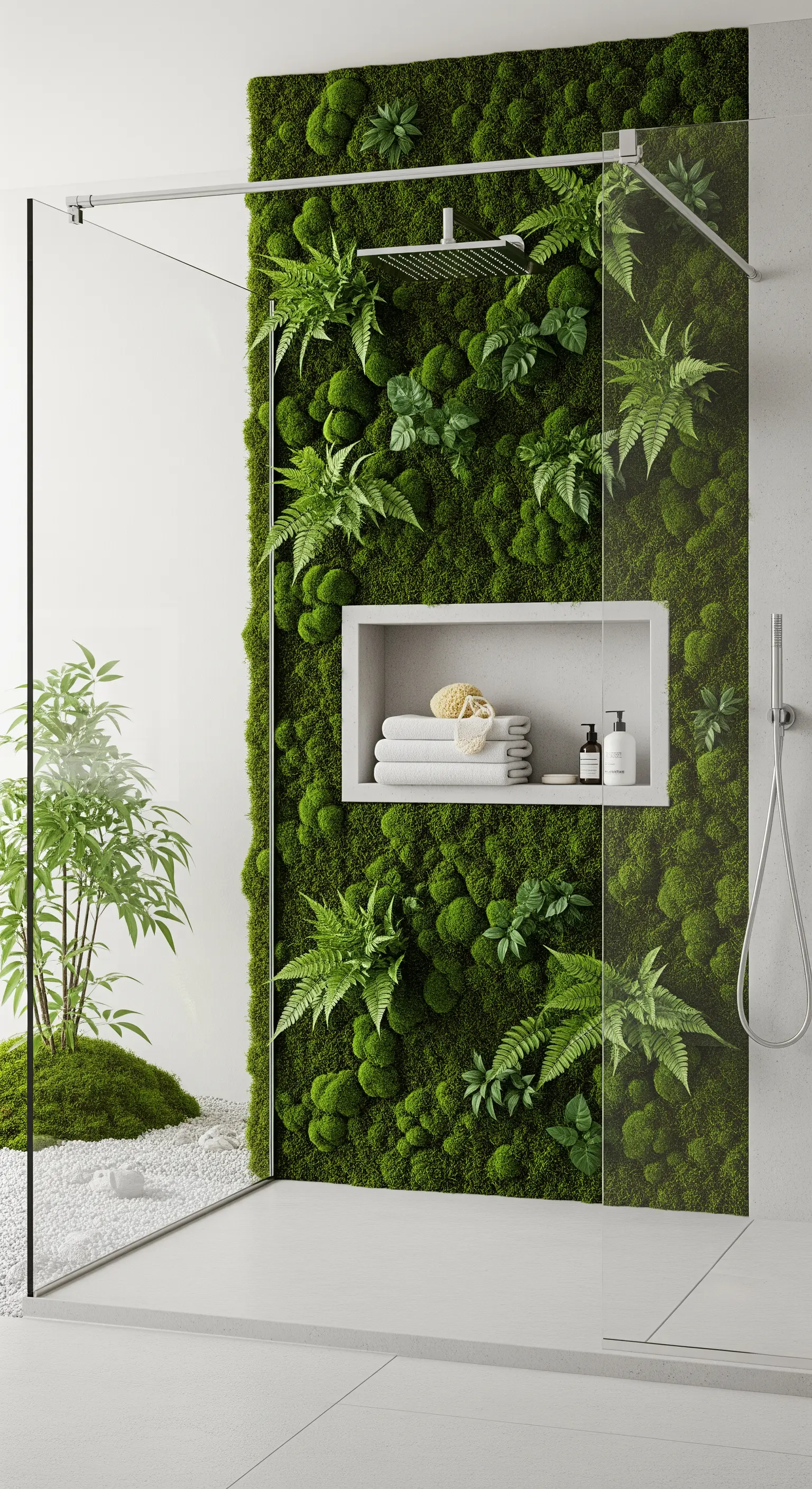 Walk-in-Dusche mit einer grünen Mooswand und integrierter weißer Nische.
