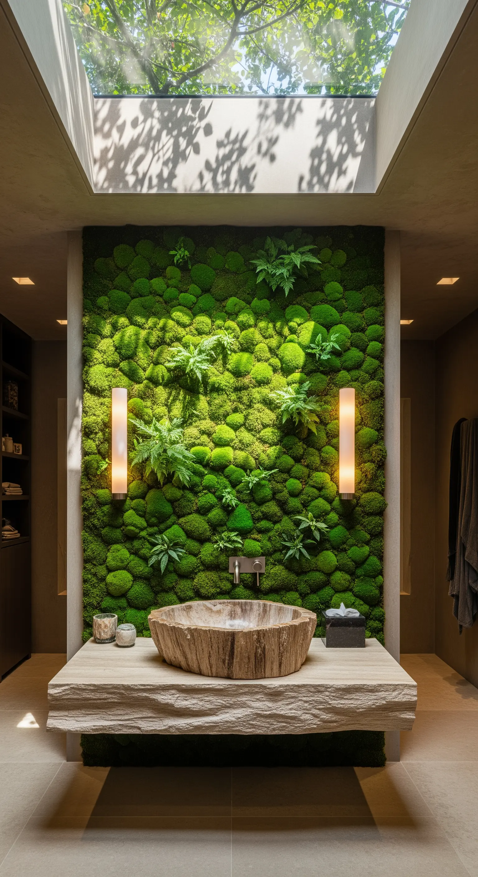 Waschbecken aus Naturholz vor einer üppig grünen Mooswand unter einem Oberlicht.