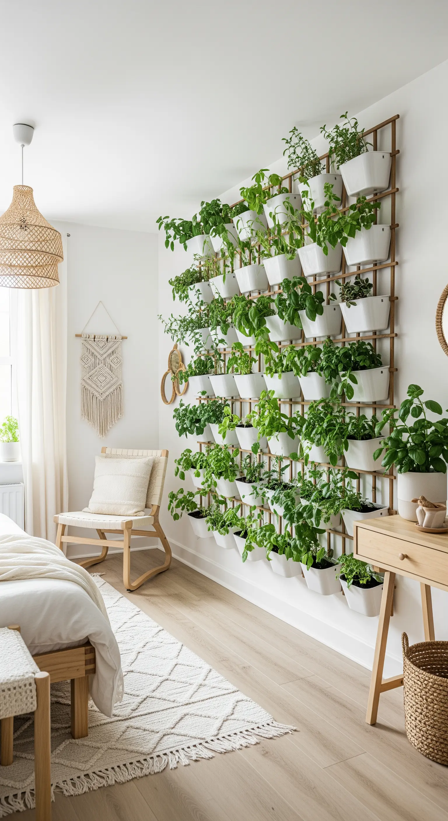 Eine ganze Wand im Schlafzimmer ist mit einem vertikalen Garten aus weißen Töpfen bedeckt.