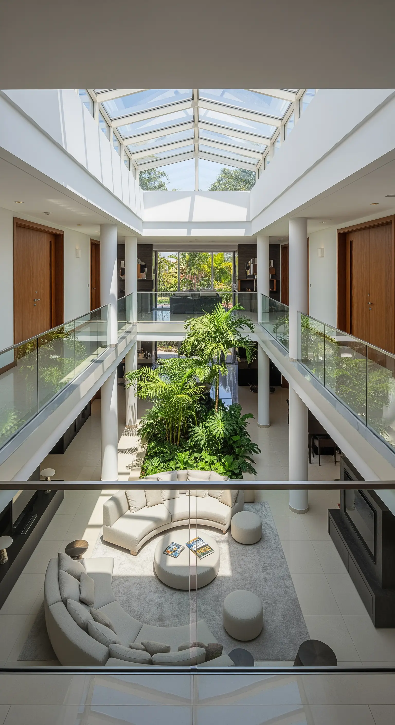 Helles, zweistöckiges Atrium mit Glasdach und einer großen, zentralen Pflanzeninsel im Wohnbereich.