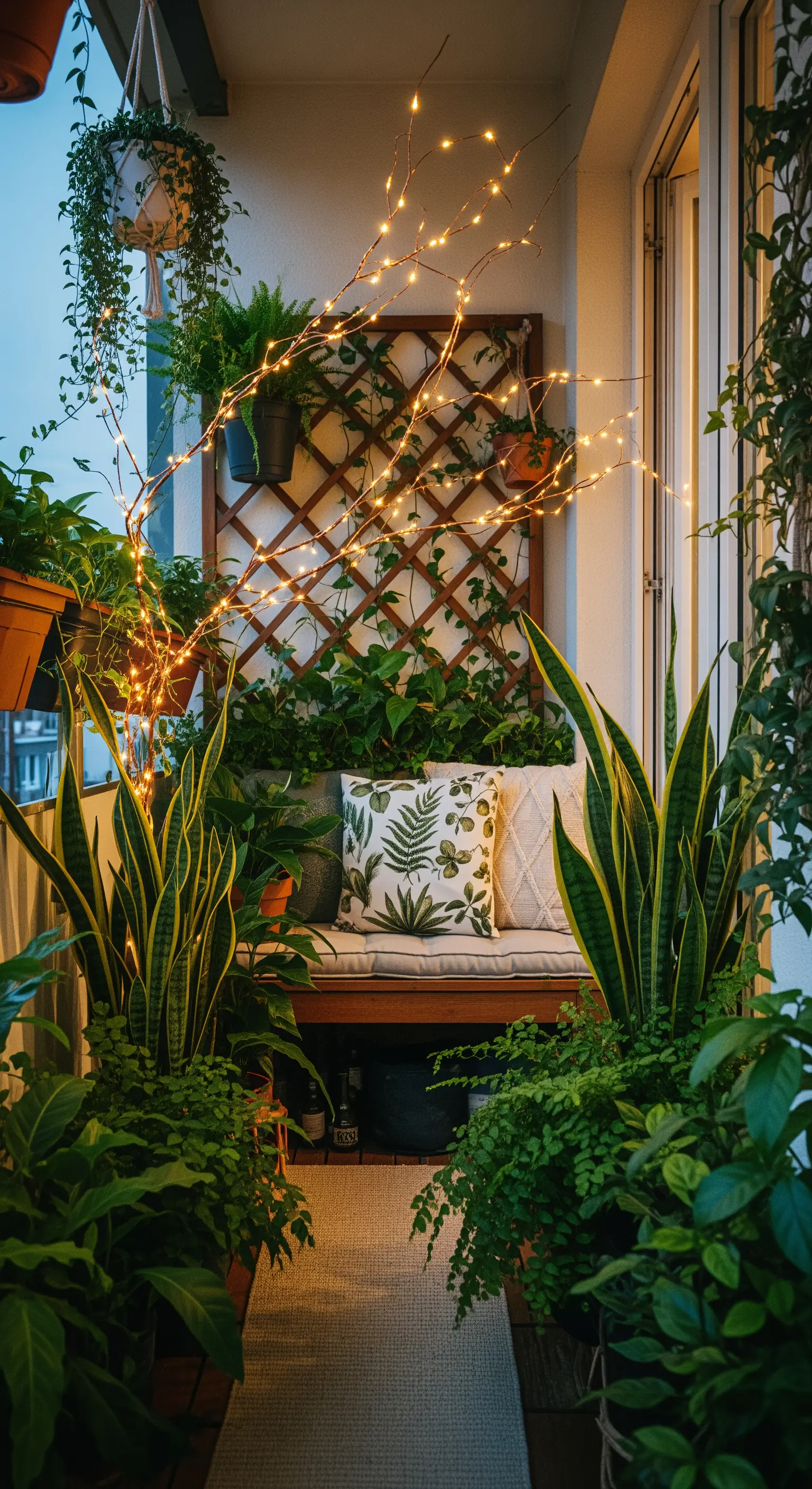 Kleiner Balkon mit Rankgitter, vielen Pflanzen und feinen Lichterketten