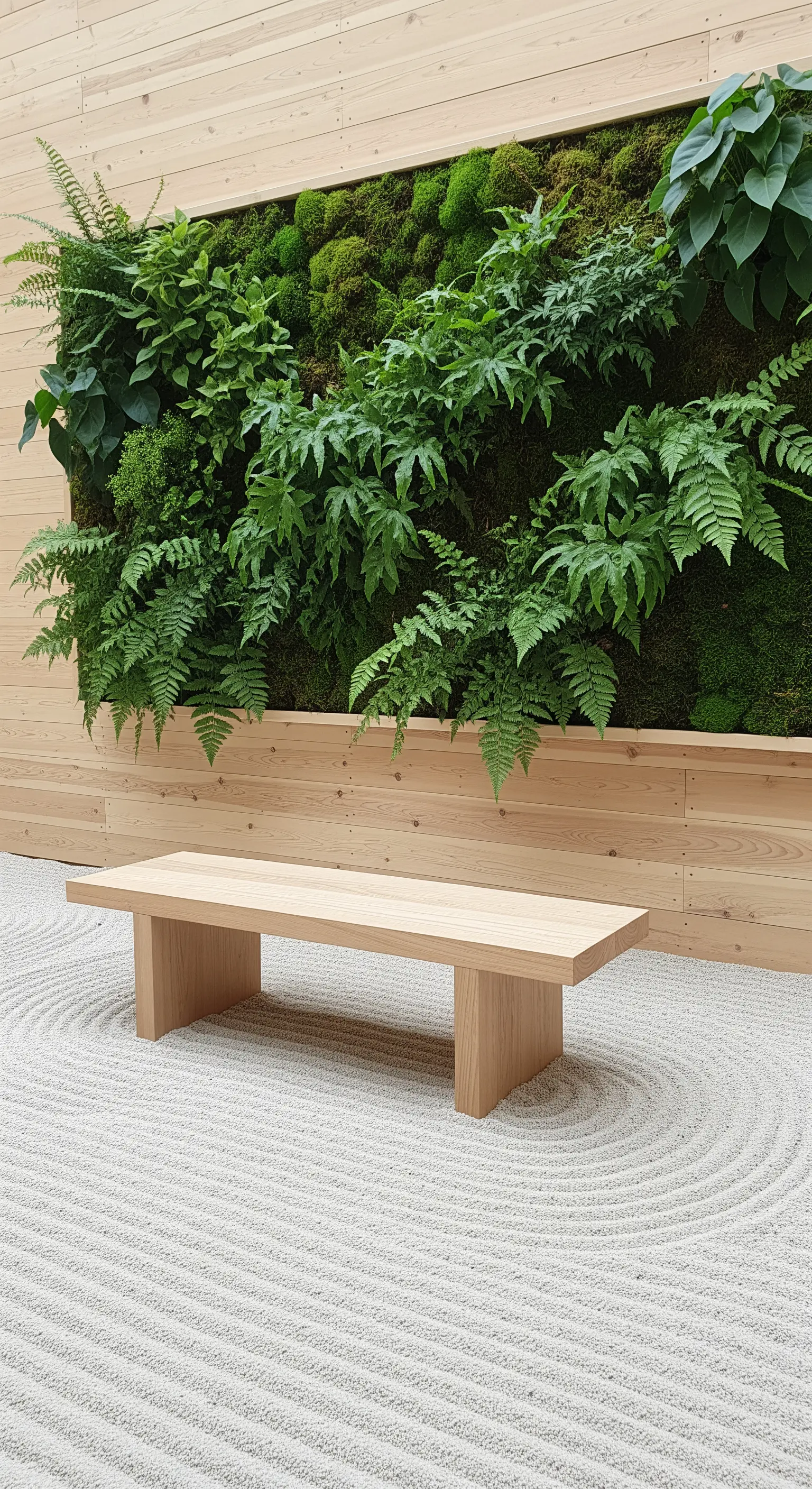 Vertikaler Garten mit Moos und Farnen, davor Japandi Holzbank
