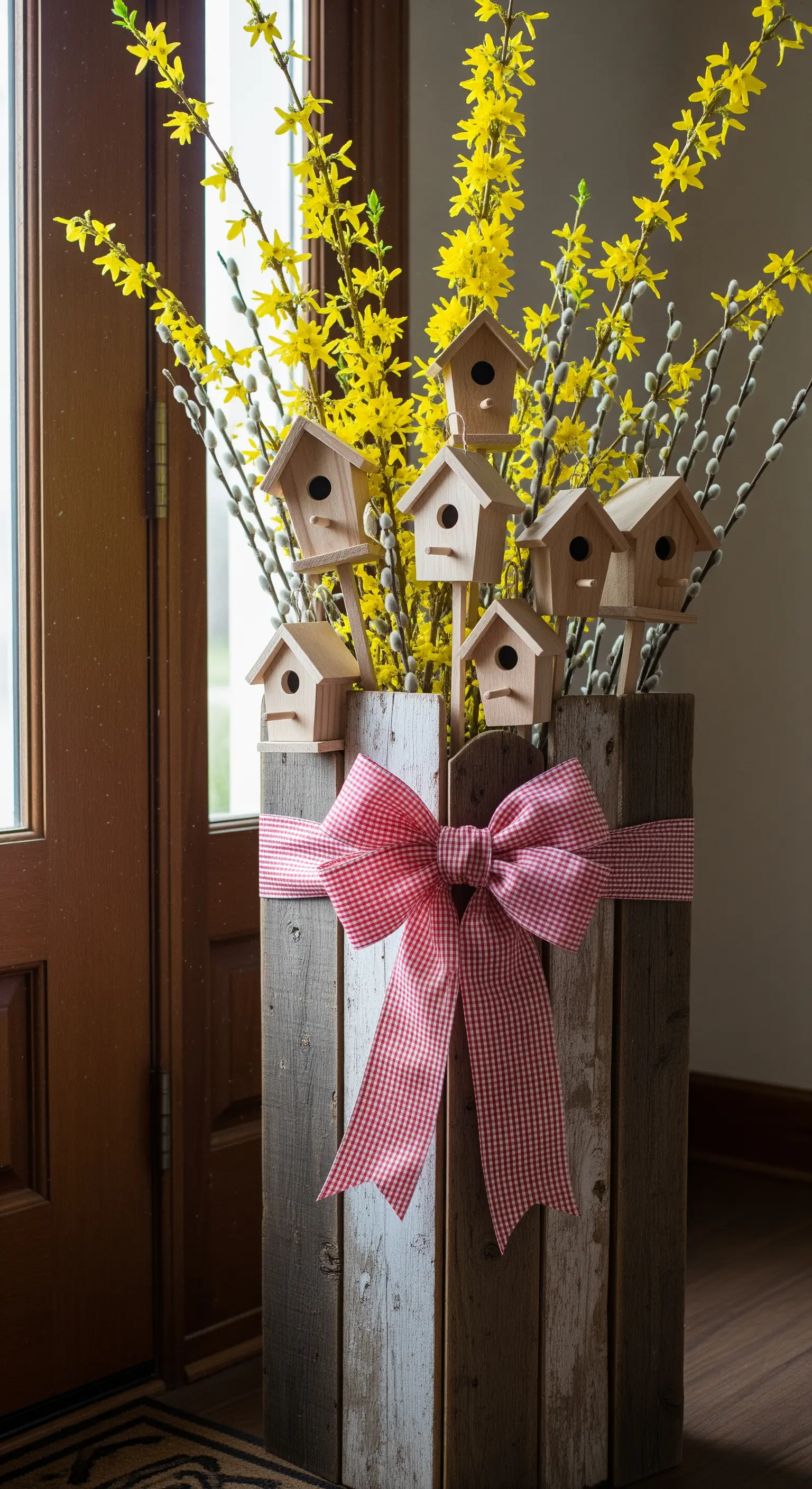 Vertikales Arrangement aus Forsythienzweigen, Mini-Vogelhäuschen und Schleife