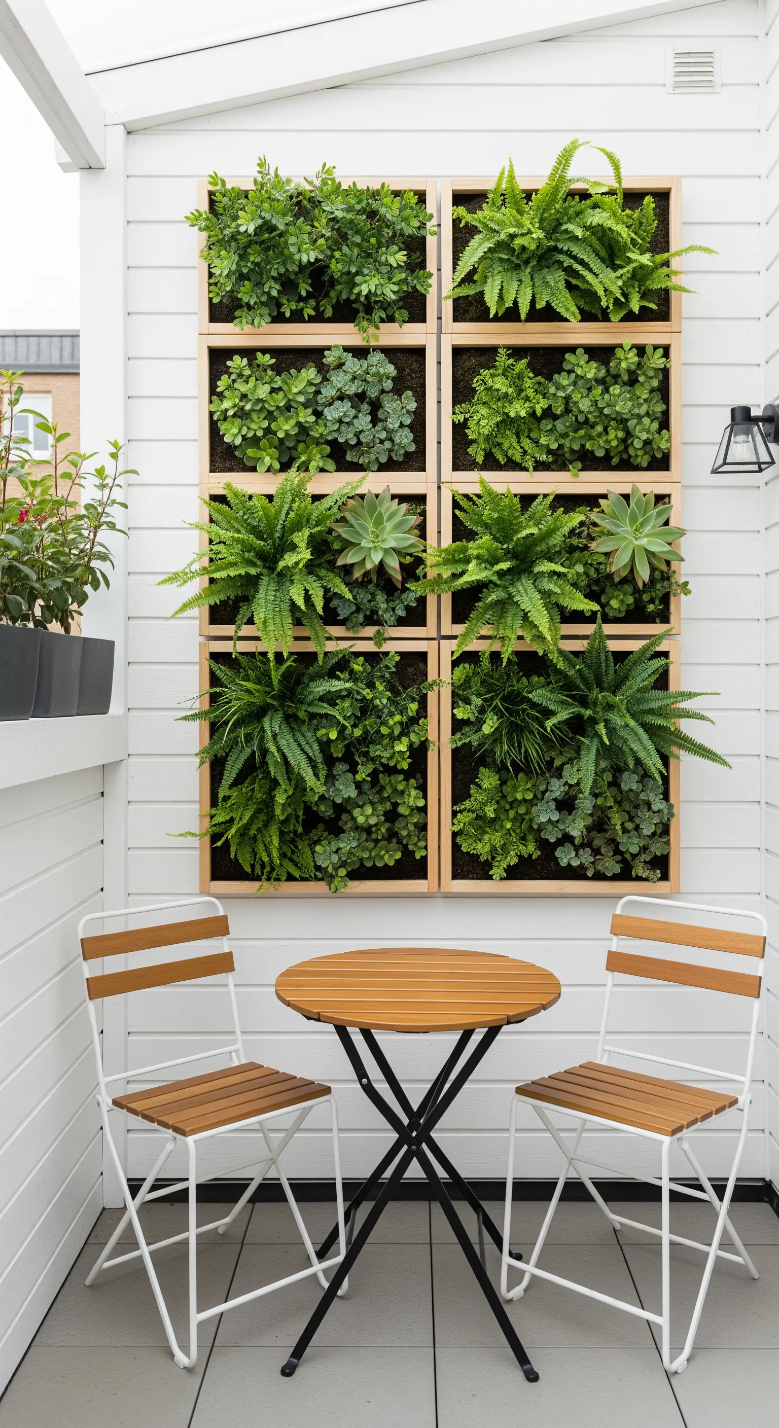 Vertikaler Garten aus Holzmodulen mit Farnen und Sukkulenten auf weißem Balkon.