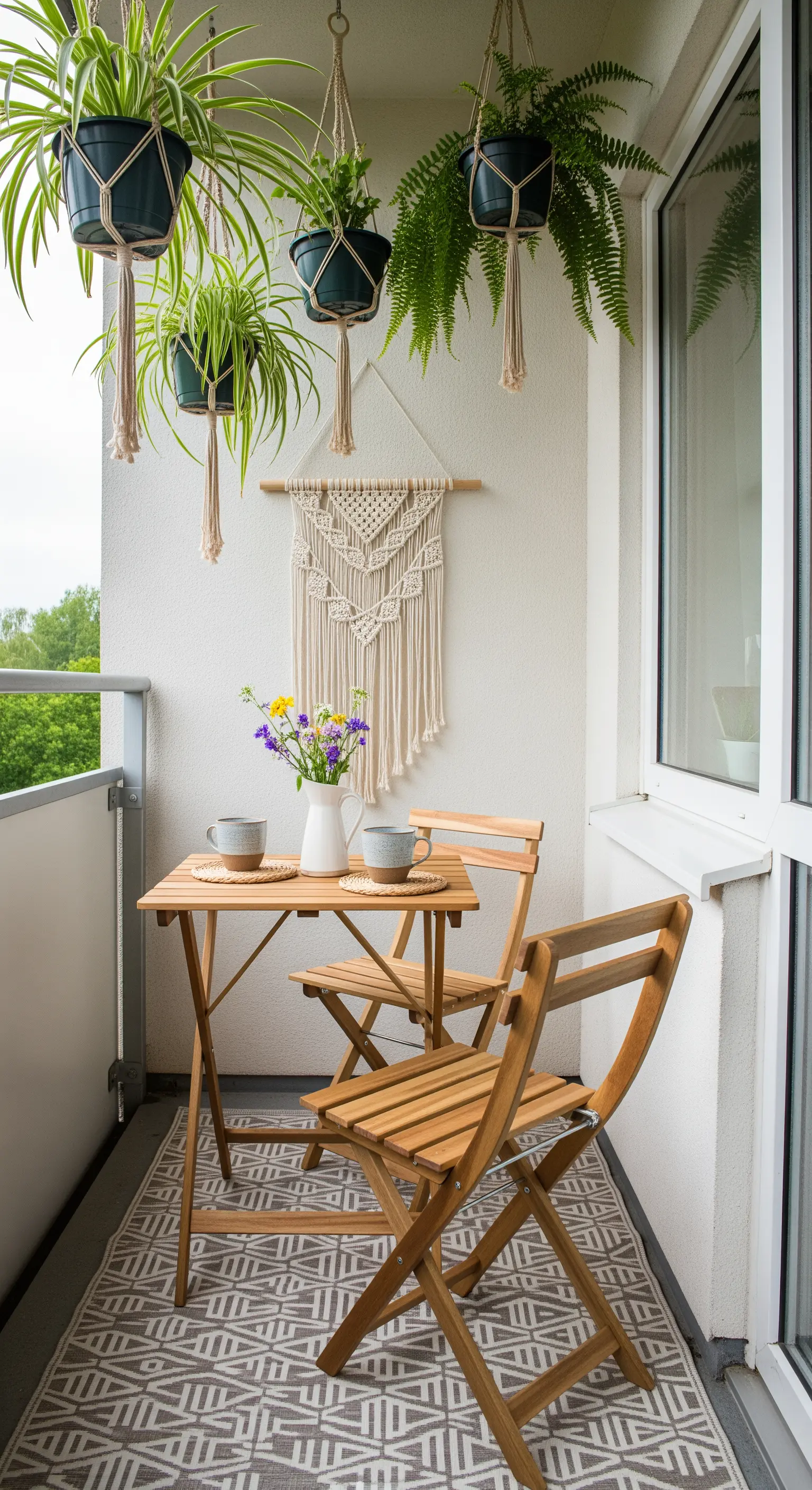 Kleiner Balkon mit klappbaren Holzmöbeln und Hängepflanzen in Makramee-Ampeln.