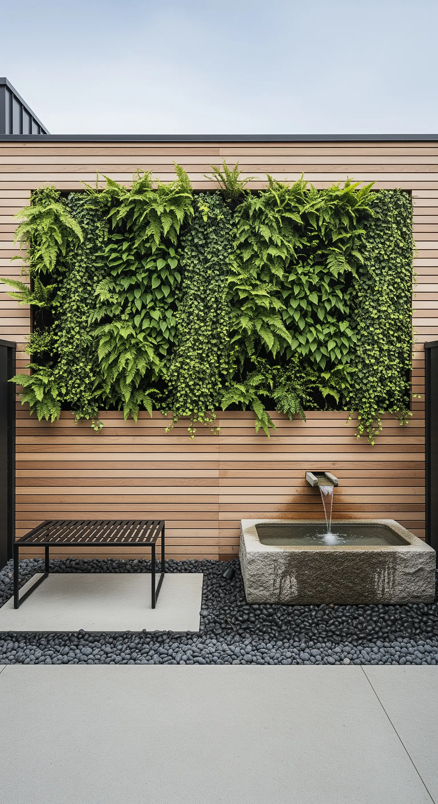 Vertikaler Garten mit Holzverkleidung, Wasserspiel aus Naturstein und Metallhocker